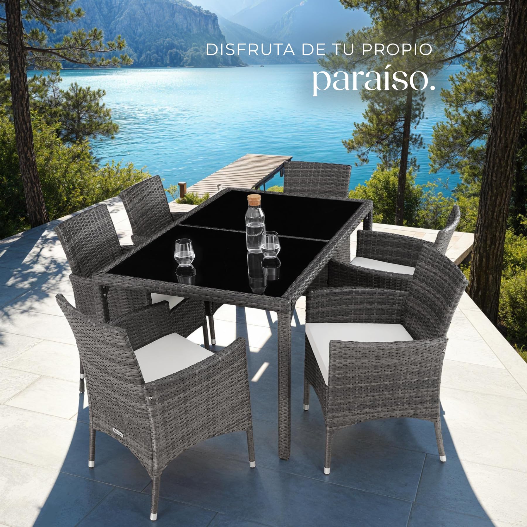 tectake® Conjunto Jardín Exterior de Ratán y Aluminio, Muebles Jardín Exterior Resistentes a Intemperie, para hasta 6 Personas, con Tornillos de Acero INOX. y Funda Protectora - Gris