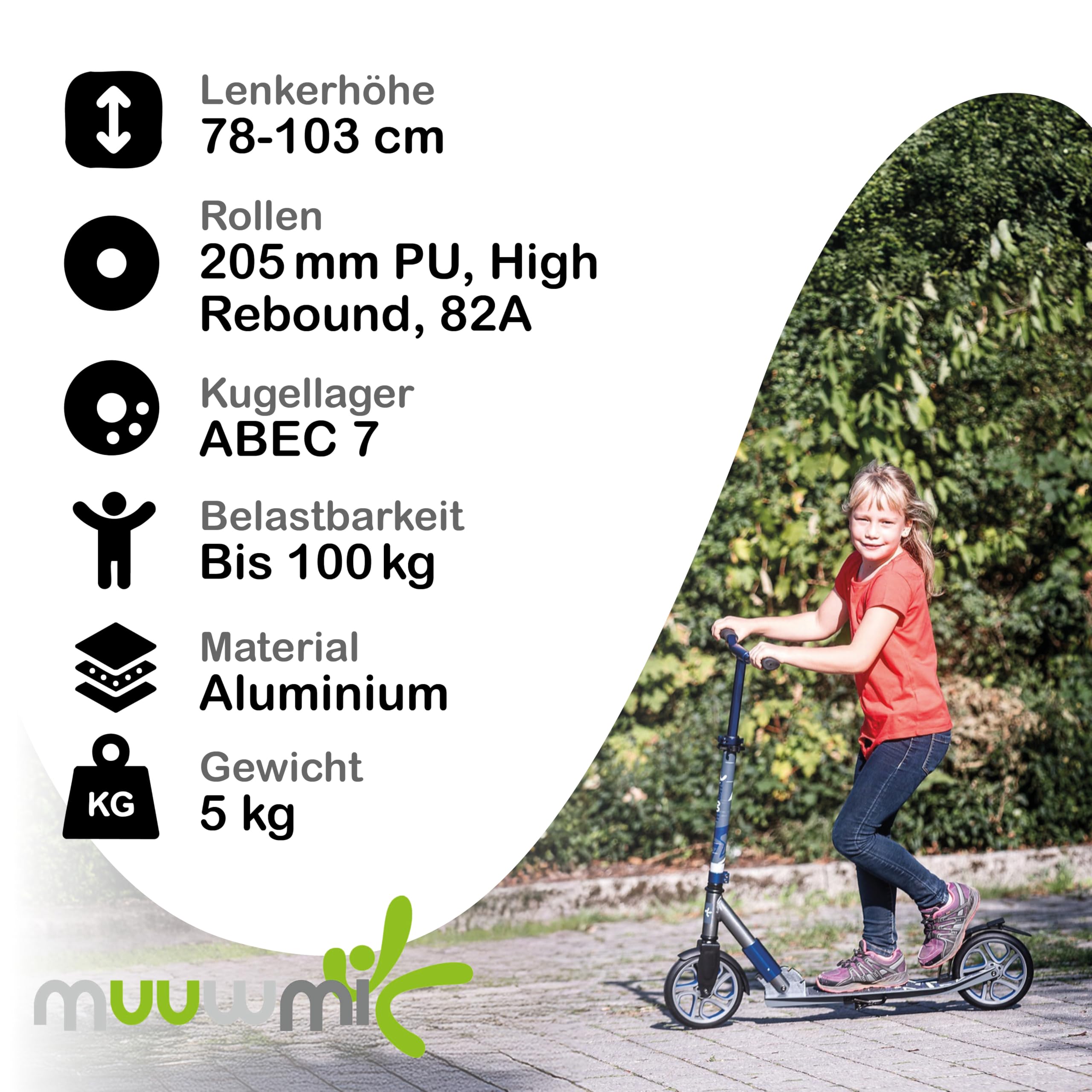 muuwmi Aluminium Scooter Deluxe – Tretroller, 205 mm, ABEC 7, für Kinder und Erwachsene, GS geprüft, höhenverstellbar