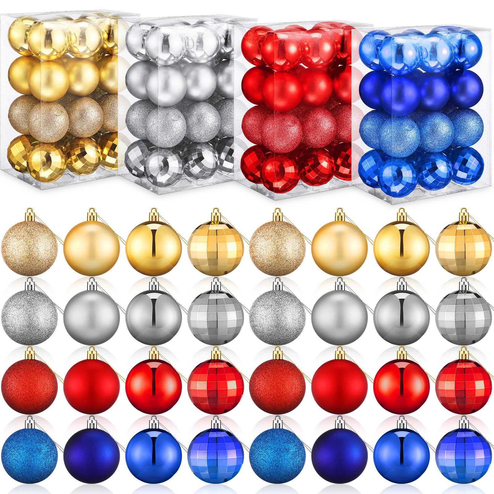 Liliful 96 Pack Christmas Ball Ornaments 2.3'' Christmas Tree Hanging Party Decorations Plastic Holiday Festive Baubles Balls for Holiday Party Wreath Xmas Tree Decor (Red, Gold, Silver, Blue)