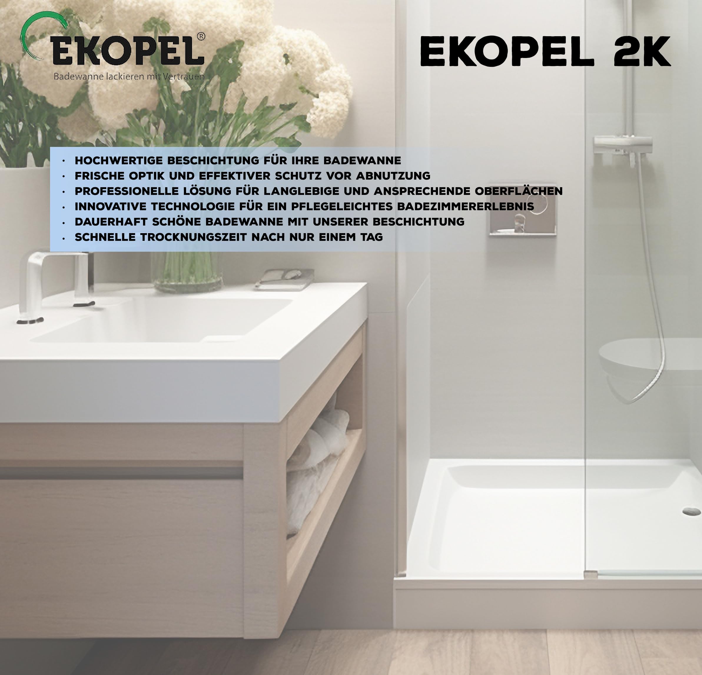 EKOPEL 2K Optimum Wasserfeste Farbe für Dusche | 24 St Härtungszeit| Badewannenlack weiß Set | Badewannen Beschichtung aus Emaille Lack | dicke Badewannenfarbe | Duschwanne bis 90x90 cm…