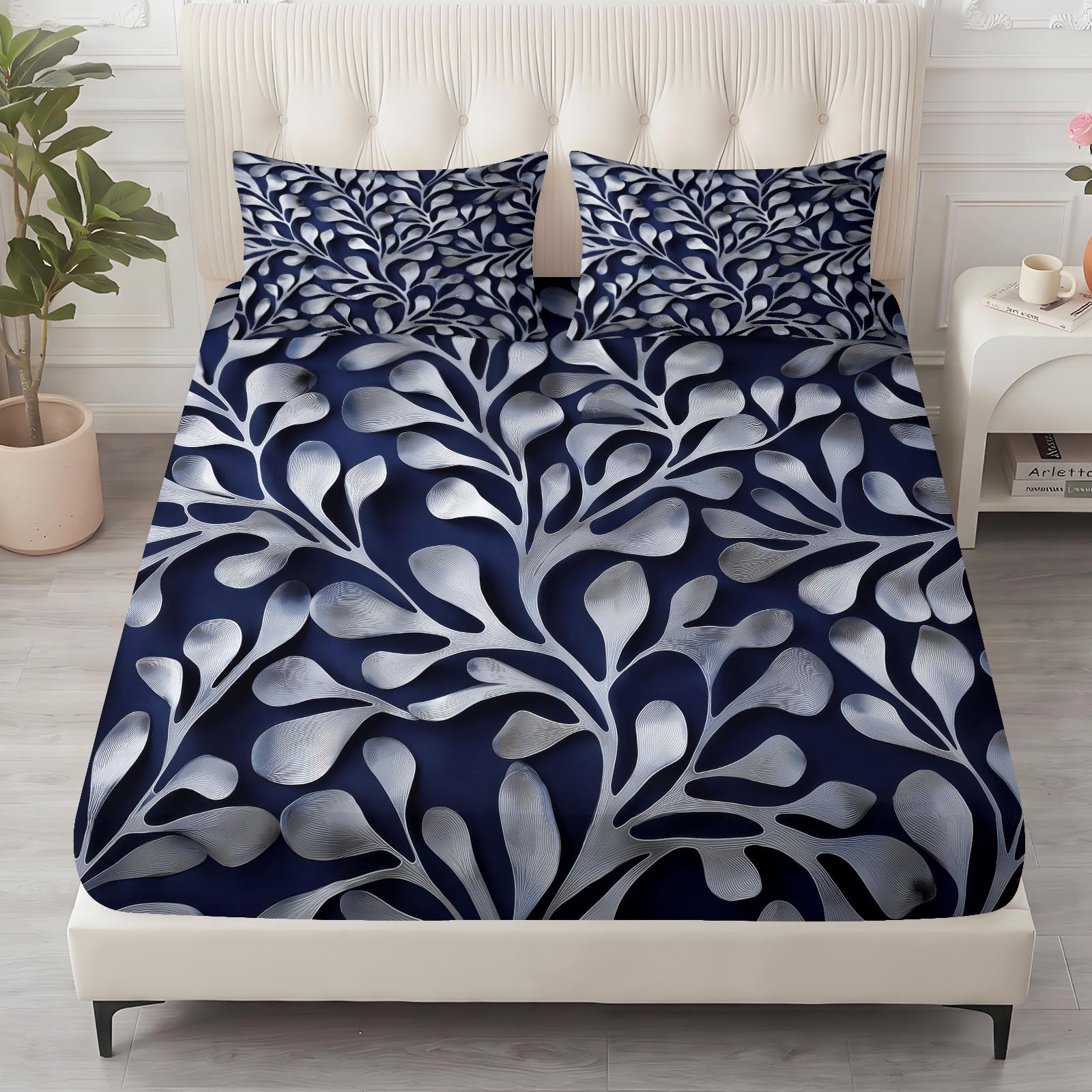 Podwójne prześcieradło z gumką w stylu retro, 135 x 190 cm, miękkie prześcieradło z mikrofibry dla dzieci i nastolatków, odporne na blaknięcie, kieszeń o głębokości 30 cm, czarne rośliny, liście