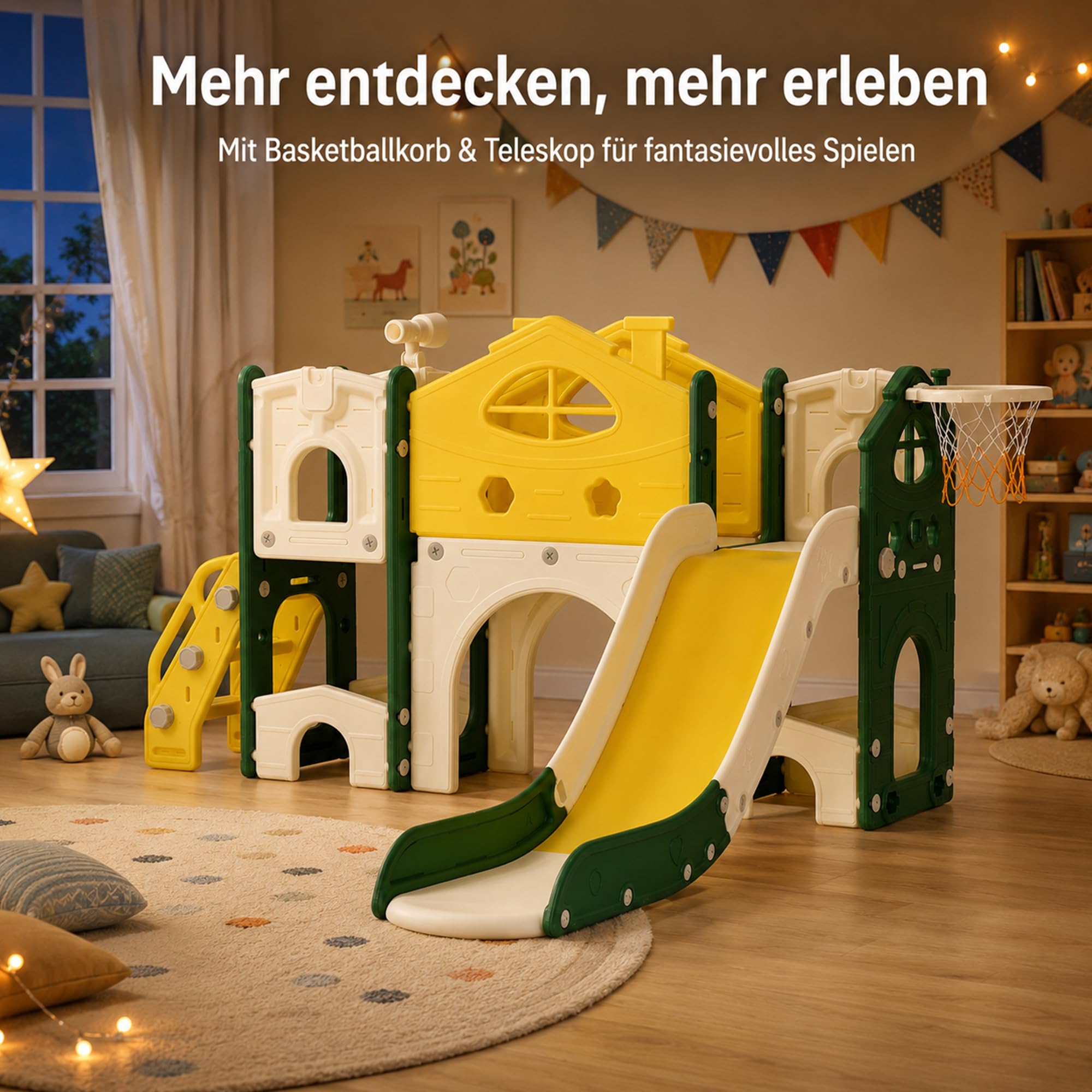 DULRLLY 5 in 1 Kinder Rutsche Indoor Outdoor, Rutschhaus mit Klettergerüst, Basketballkorb Und Tunnel, Schaukel und Treppe, Montessori Kinderspielplatz Wohnzimmer & Kinderzimmer ab 1–6 Jahre