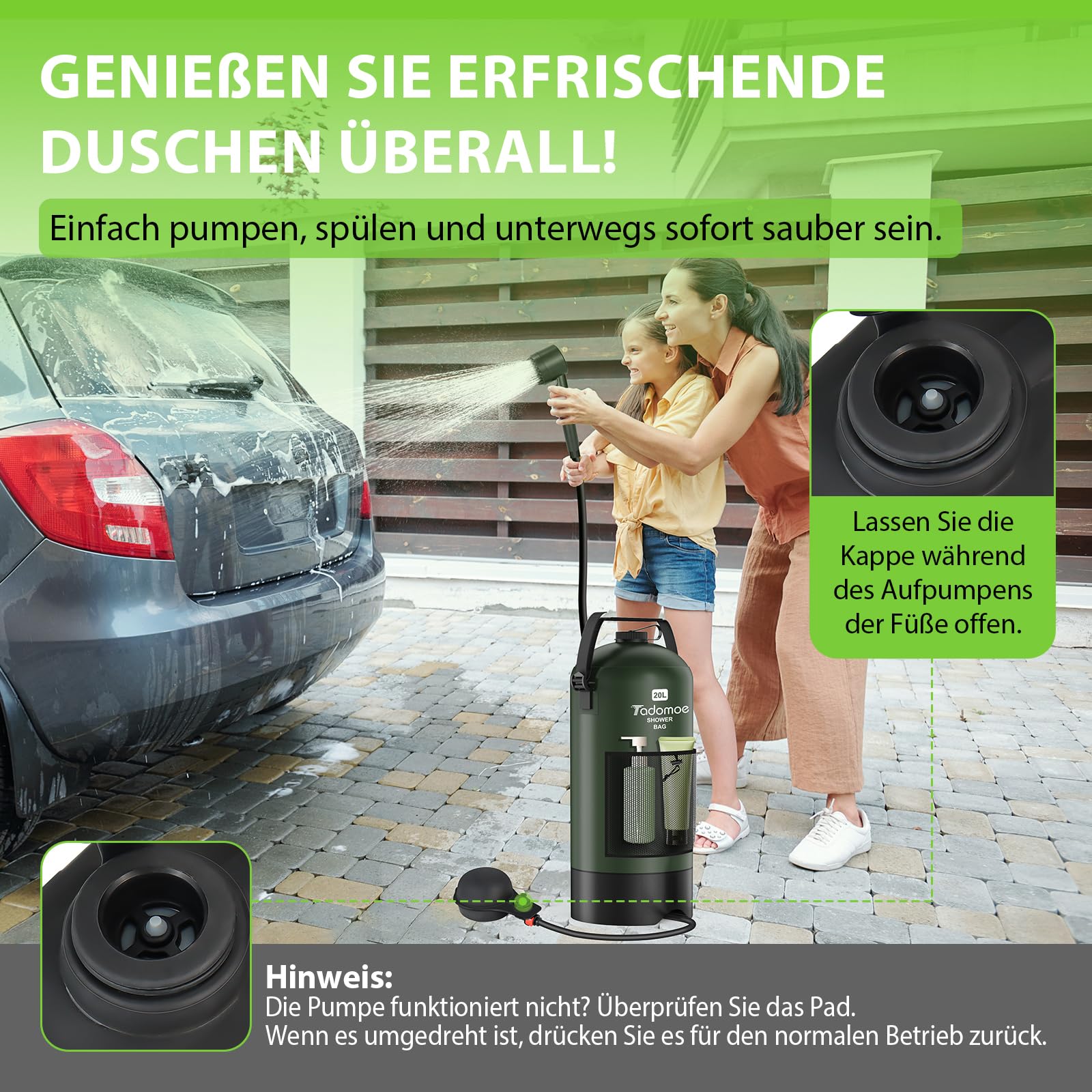 20 Liter Camping Dusche mit Fußluftpumpe, Solardusche mit Camping-Tasche Und Düse für Camping Strand Wandern Reise