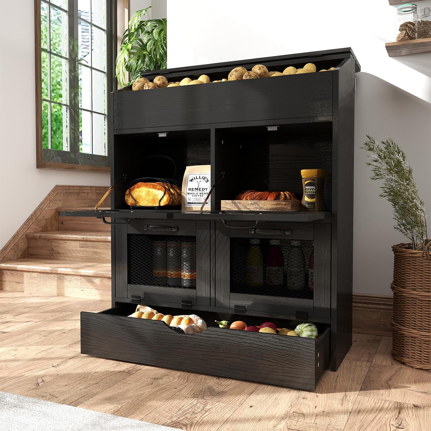 Verano Garden Large Potato Storage Bin, Wooden Bread Box with Lid, Potato and Onion Storage Bin with 4 Mesh Doors & Removable Drawer, Fruit and Vegetable Storage Rack for Pantry Kitchen (Black, 31.5")