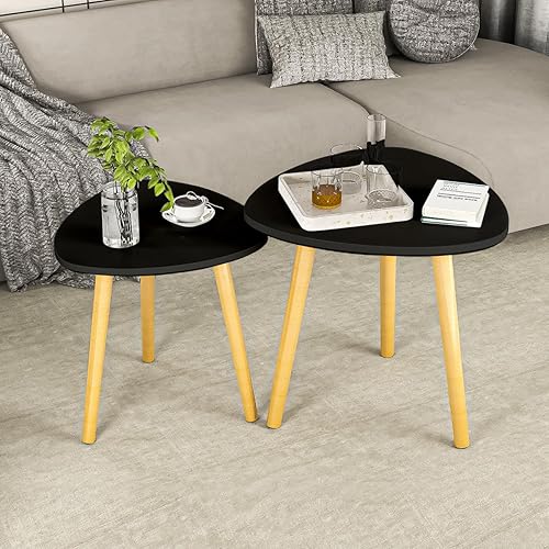Juego de 2 mesas semianidables modernas con patas de madera, mesa auxiliar triangular para sala de estar, dormitorio, apartamento y espacios