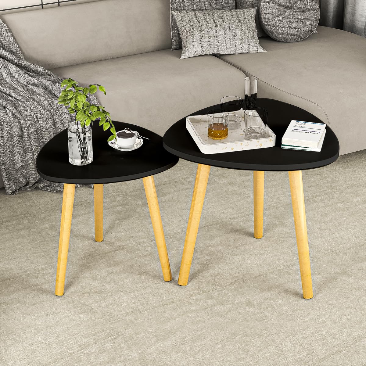 Lifetime Home Modern Semi-Nesting Table with Wooden Legs Set of 2 - Triangle Side Table for Living Room, Bedroom, Apartment & Small Spaces -