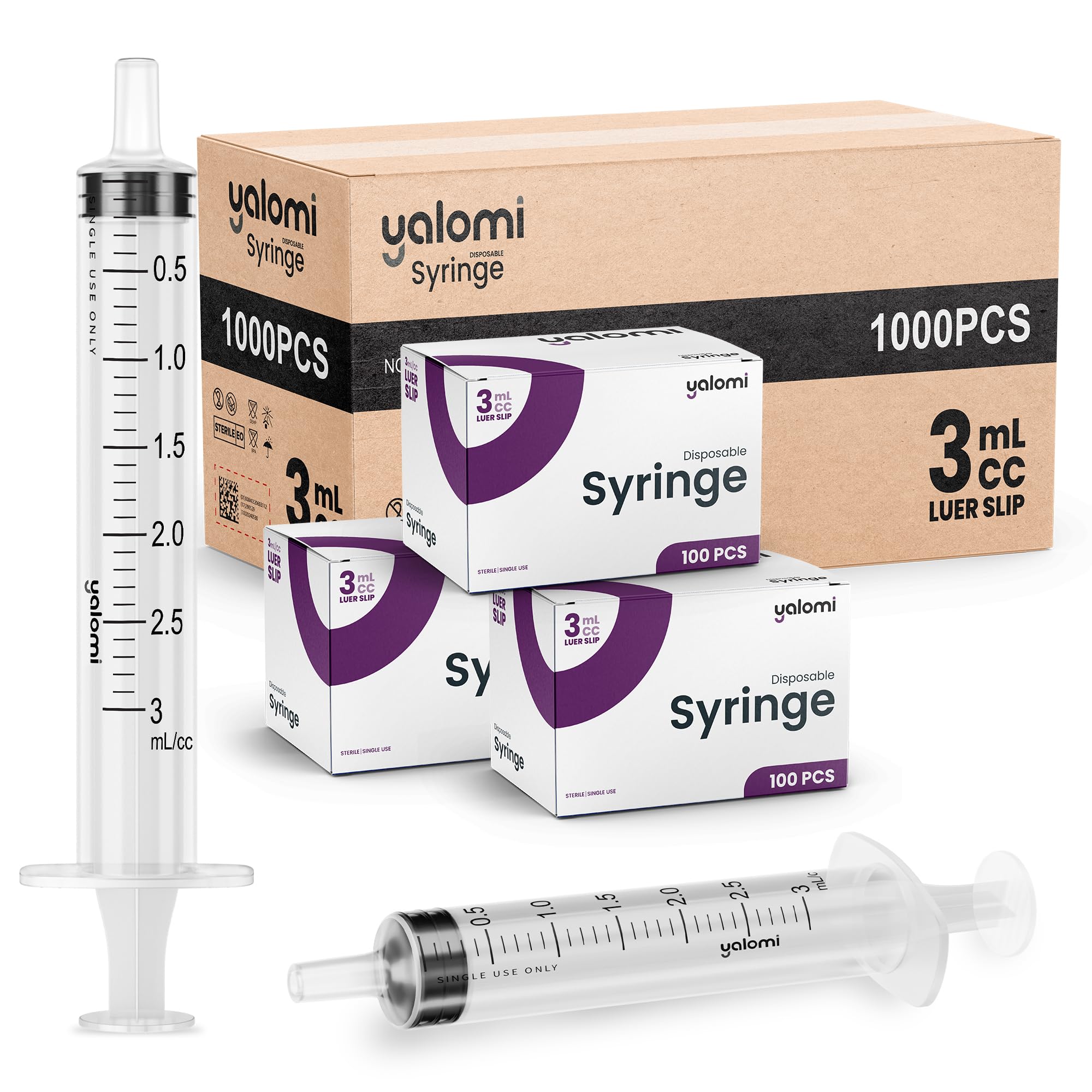 Jeringa Luer Slip de 3 ml | Estéril y envuelta individualmente | Para uso profesional, industrial y personal | Paquete de 100 | Yalomi (caja de 10 cajas)