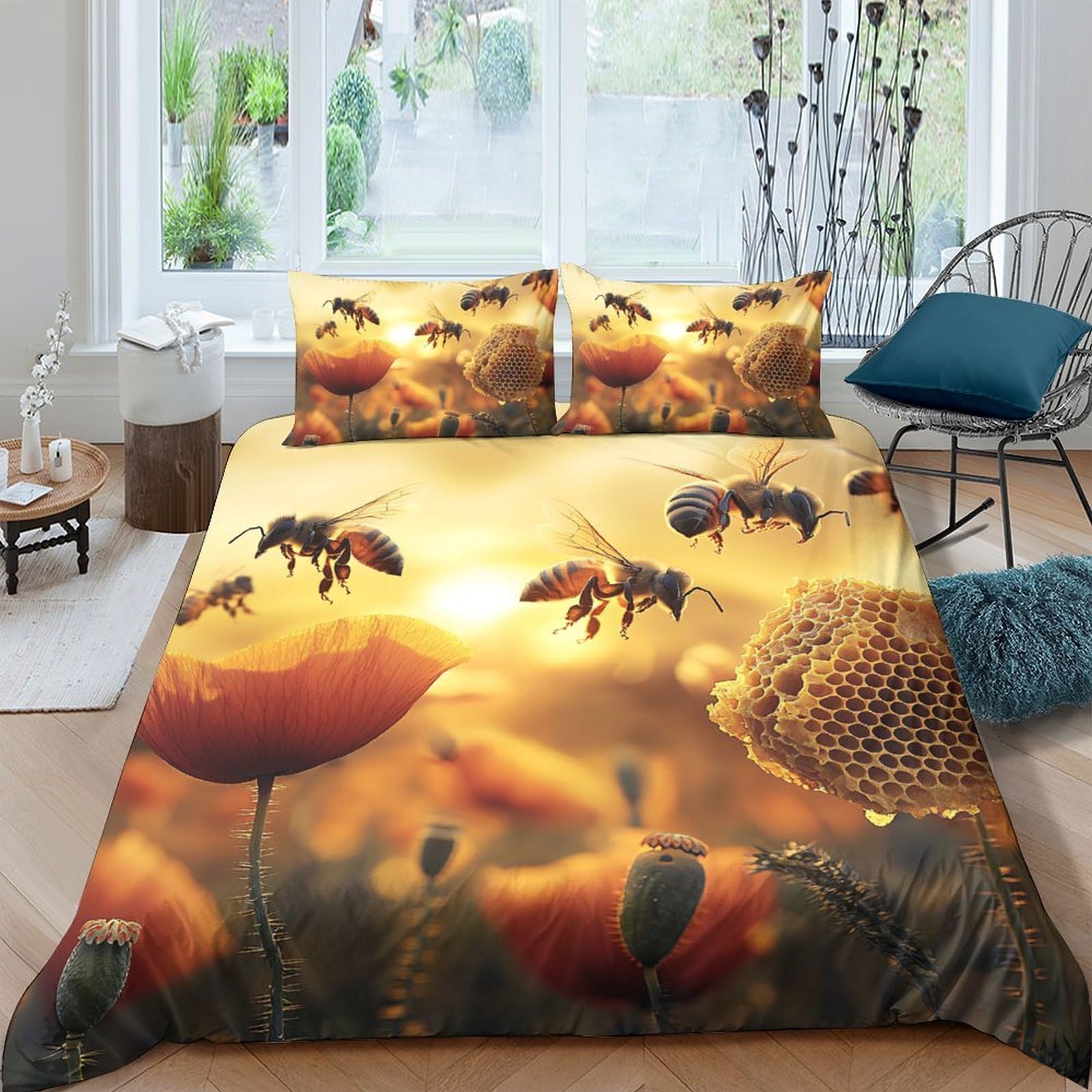 Ctjqhvkz Style-10 3D Printed Bee And Poppy Fitted Sheet Microfiber Soft Mattress Cover Orange Yellow Bedroom Decor Single（135X200cm）