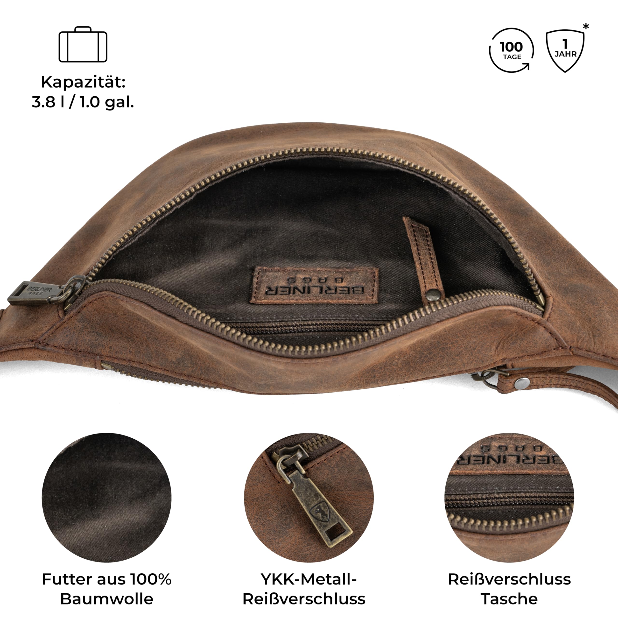 Berliner Bags Bauchtasche Kai L Vintage, Gürteltasche aus Leder - Braun | Gürteltasche & Bauchtasche für Damen und Herren, verstellbarer Gurt & YKK-Reißverschluss, Wasserabweisendes Echtleder