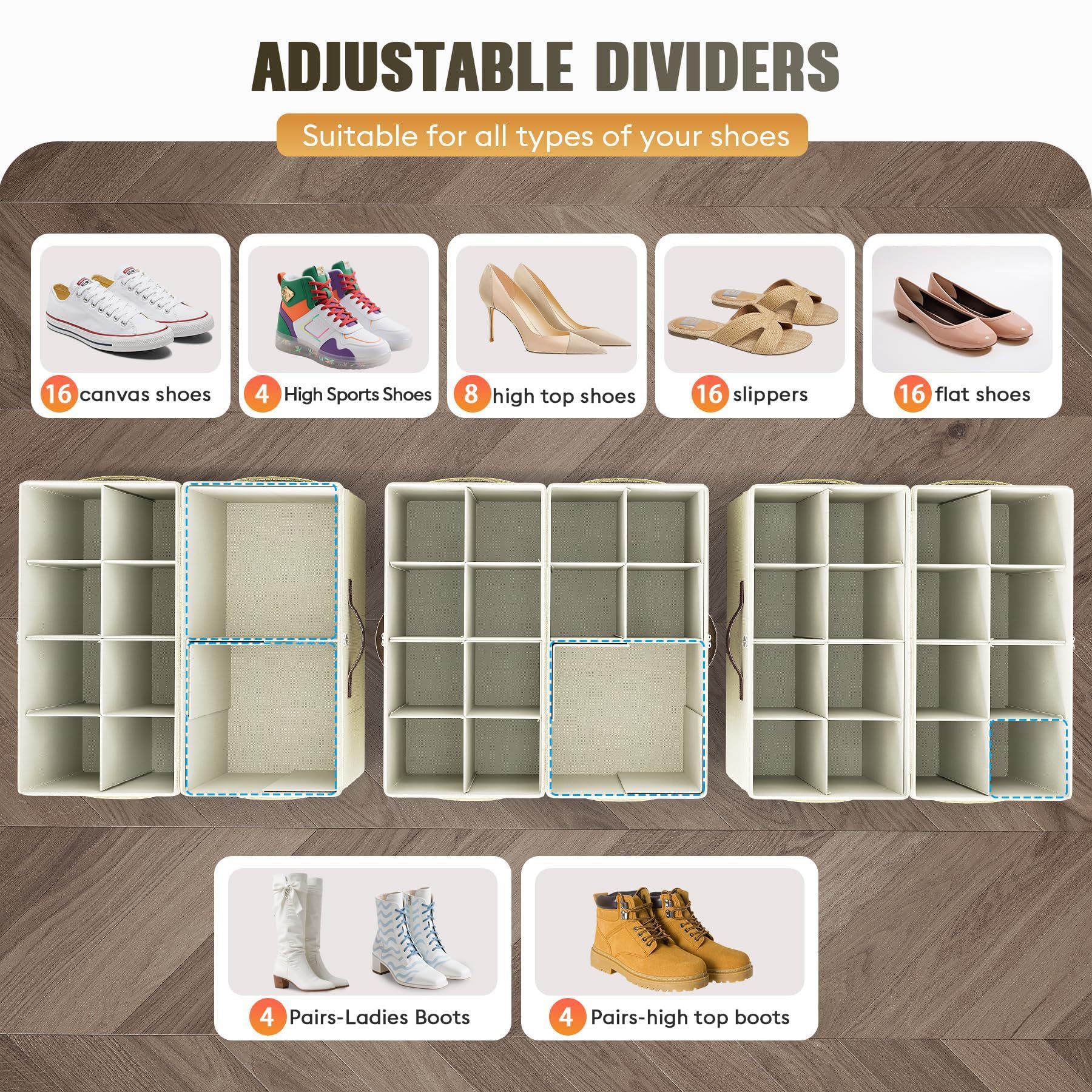 Scatola portaoggetti regolabile per scarpe con parte superiore trasparente, organizer pieghevole per scarpe, con divisori per armadio, pantofole, stivali, giocattoli, vestiti, salvaspazio, con