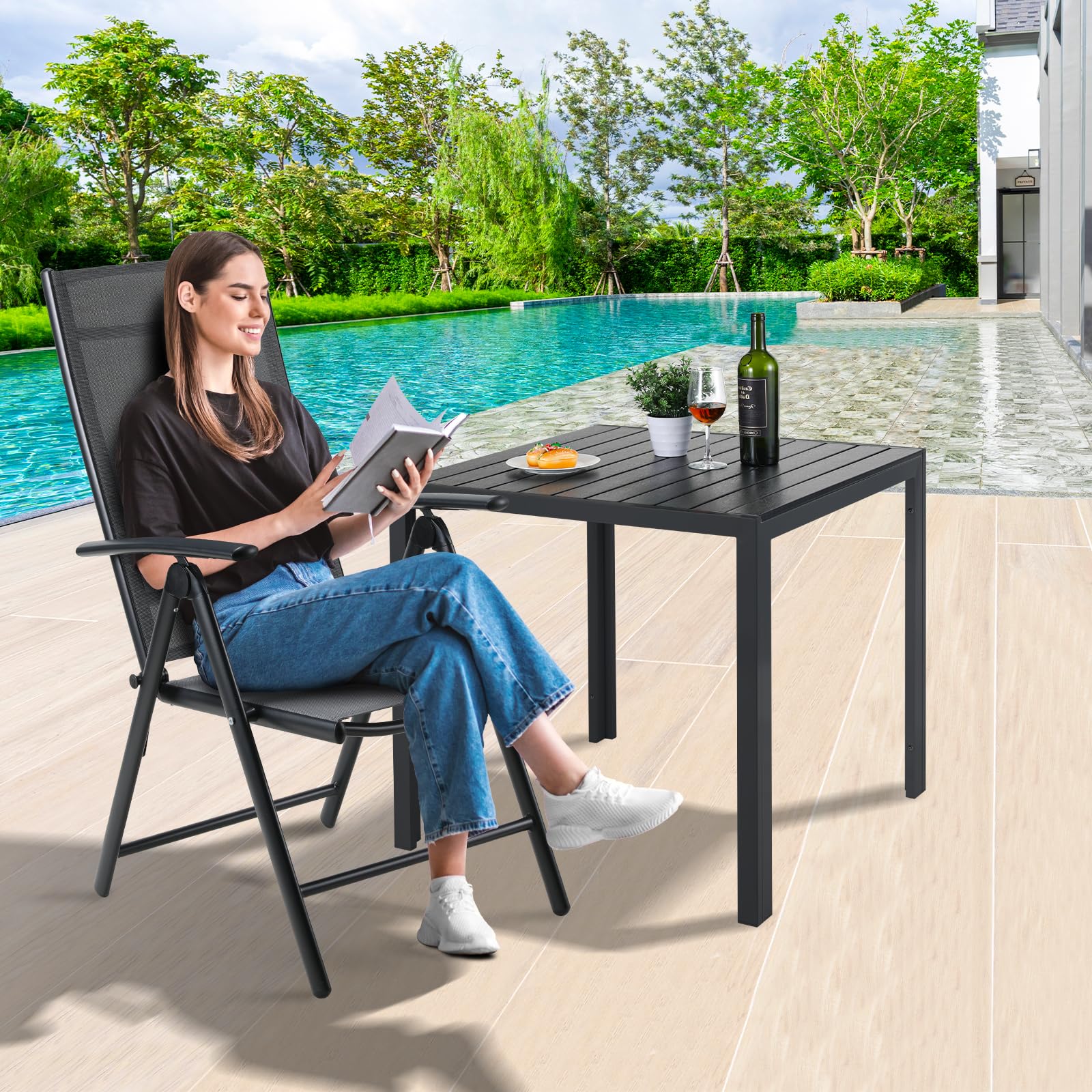 LIFERUN Gartenstuhl Hochlehner Klappbar, Alu Balkonstuhl 2er Set | Gartenstühle 7-Fach Verstellbar bis 120kg, Gartensessel Outdoor, Wetterfest, Klappstuhl Campingstühle, Dunkelgrau