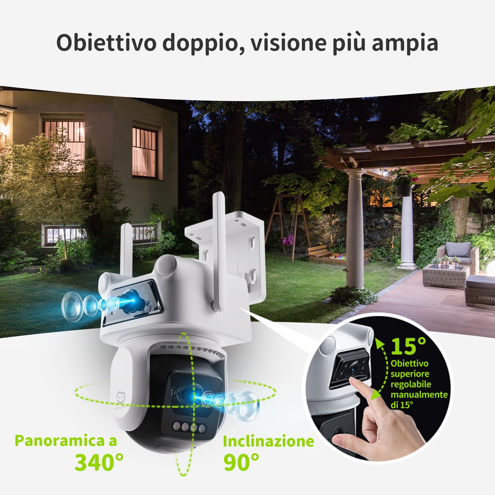 Beans View 2K+2K (3MP+3MP) Telecamera di Sorveglianza Esterno a Doppio Obiettivo, Wi-Fi 2,4 GHz, Sicurezza a 360°, Tracciamento Auto, Rilevamento di Persone, Visione Notturna a Colori (D320)