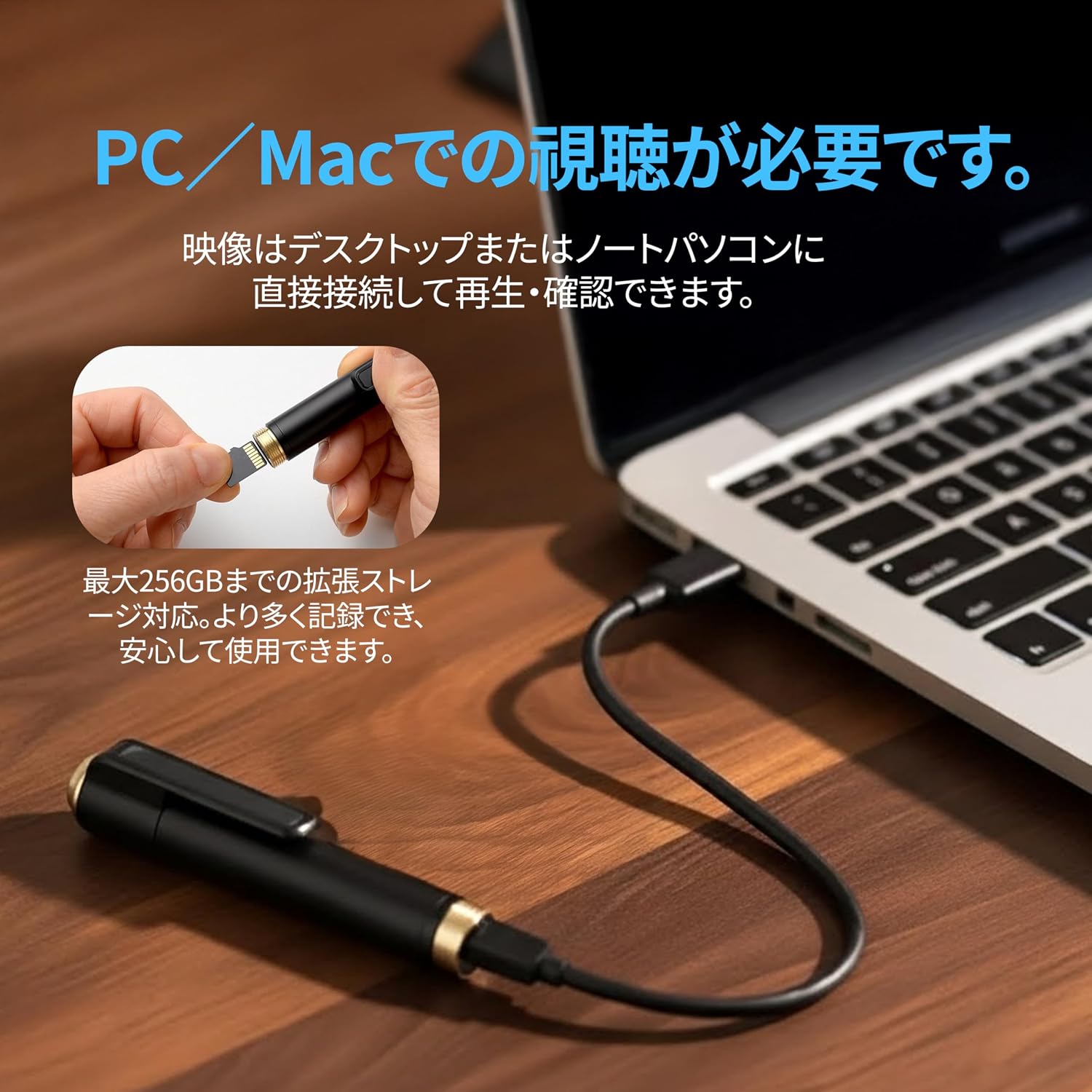 The pen camera connected to a laptop via a USB-C cable for data transfer and charging. An inset image shows a hand inserting a microSD card, indicating support for expanded storage up to 256GB.