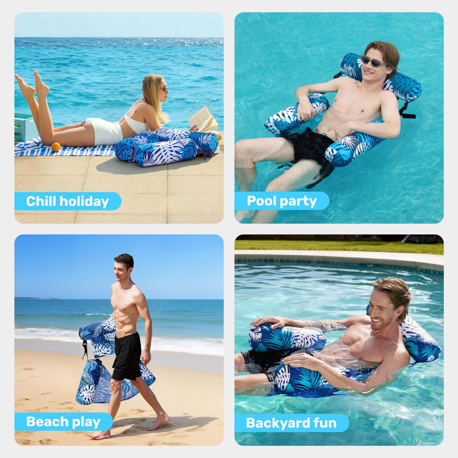 Materassino Mare in PVC Galleggiante gonfiabile piscina 2 Pezzi Include una pompa ad aria manuale Disponibile in una varietà di colori con schienale e braccioli per Piscina e Spiaggia