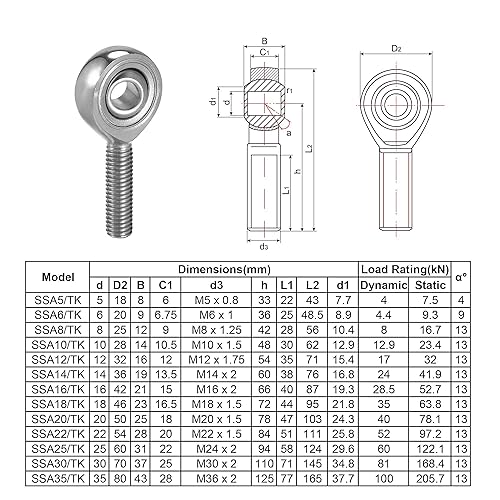 Miniatura 5 de uxcell SSA8TK Rod End Bearing 0.315in Bore Acero inoxidable M8x1.25 Macho Rosca Mano Derecha