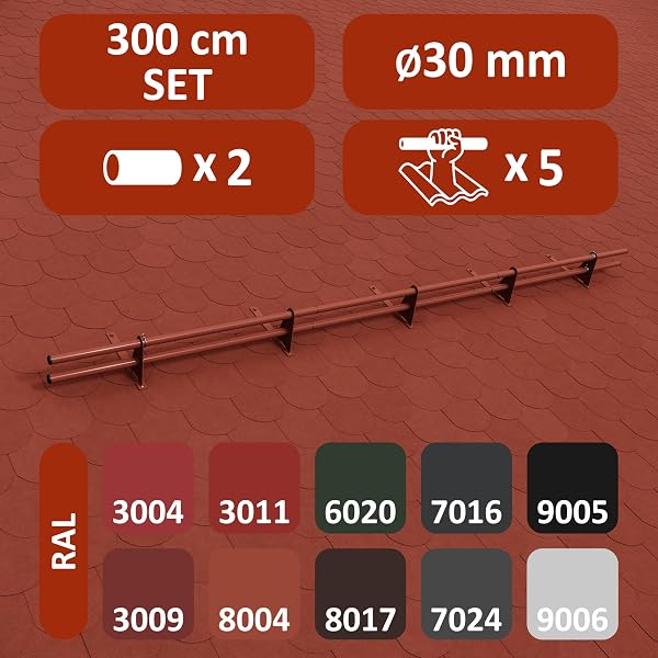 Parotec PARE-NEIGE Kit Tubulaire Complet 3,0 m (300 cm) - Pour bac acier, bitume & shingles – pare-neige/système antineige - 2 tubes, 5 supports - 10 couleurs - RAL 8004 Rouge tuile (terre cuite) - 4