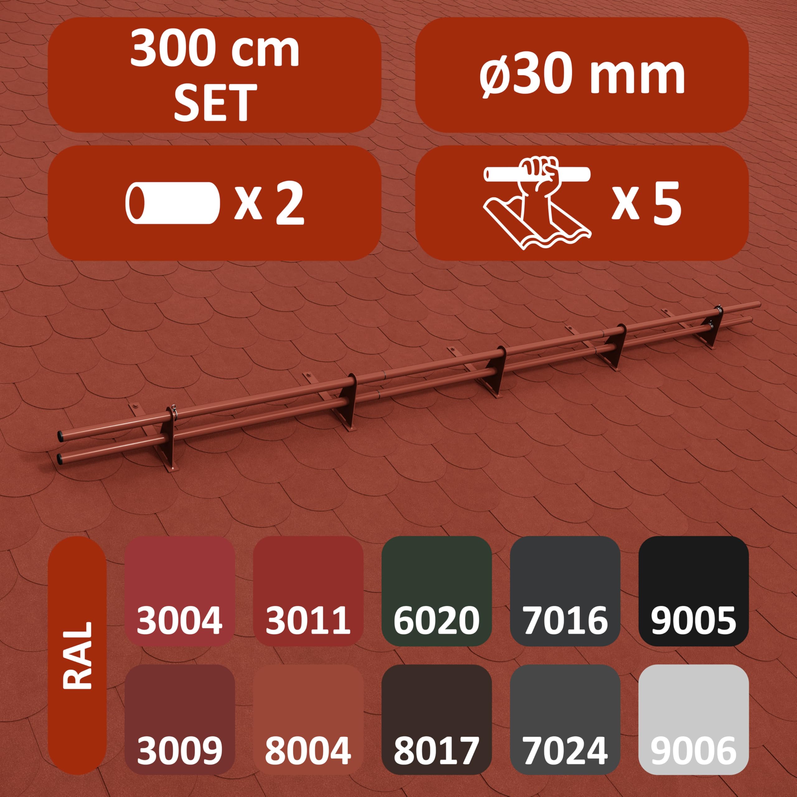Parotec PARE-NEIGE Kit Tubulaire Complet 3,0 m (300 cm) - Pour bac acier, bitume & shingles – pare-neige/système antineige - 2 tubes, 5 supports - 10 couleurs - RAL 8004 Rouge tuile (terre cuite)