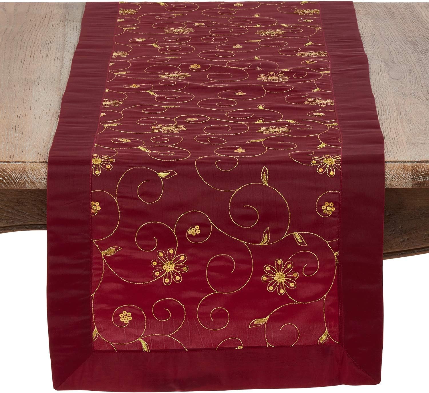 Burgundy with Gold Color Embroidered & Sequined Special Occasion Holiday Table Runner, 16" x 108" Rectangle