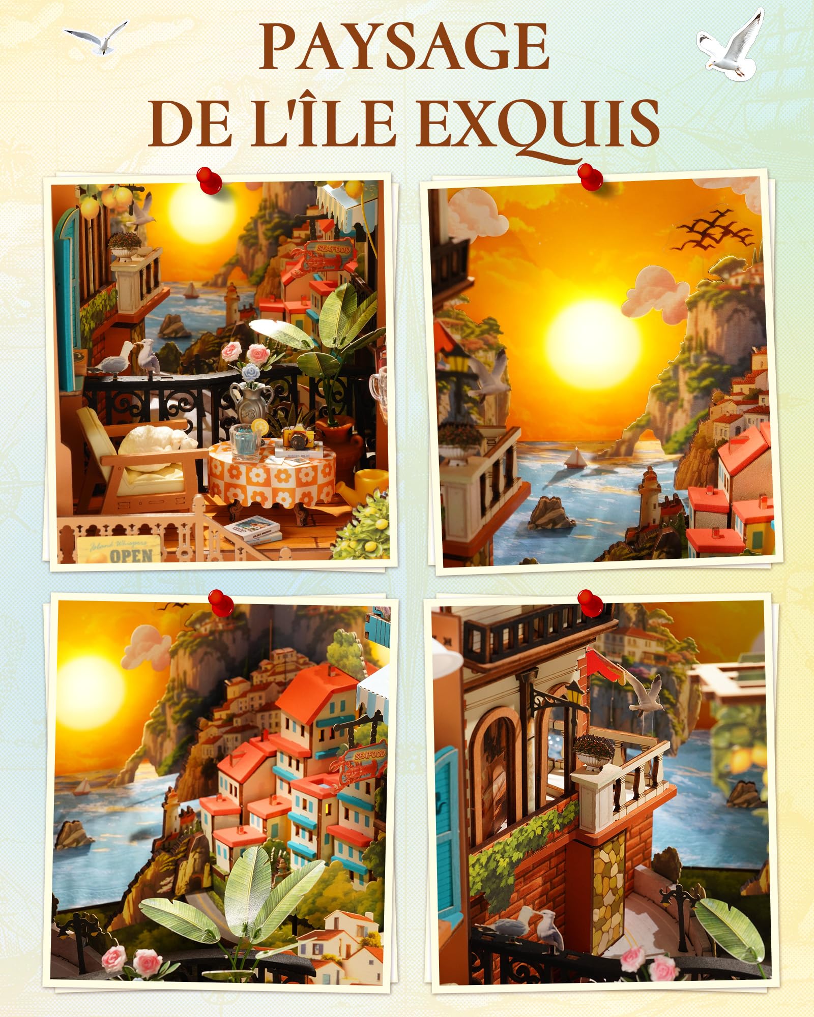 Rolife Book Nook DIY Maquette en Bois Adulte avec Lumières L'Île du Couchant Puzzle 3D Miniature Maison à Construire Serre-Livres Diorama Décoration Livre Bibliothèque Salon