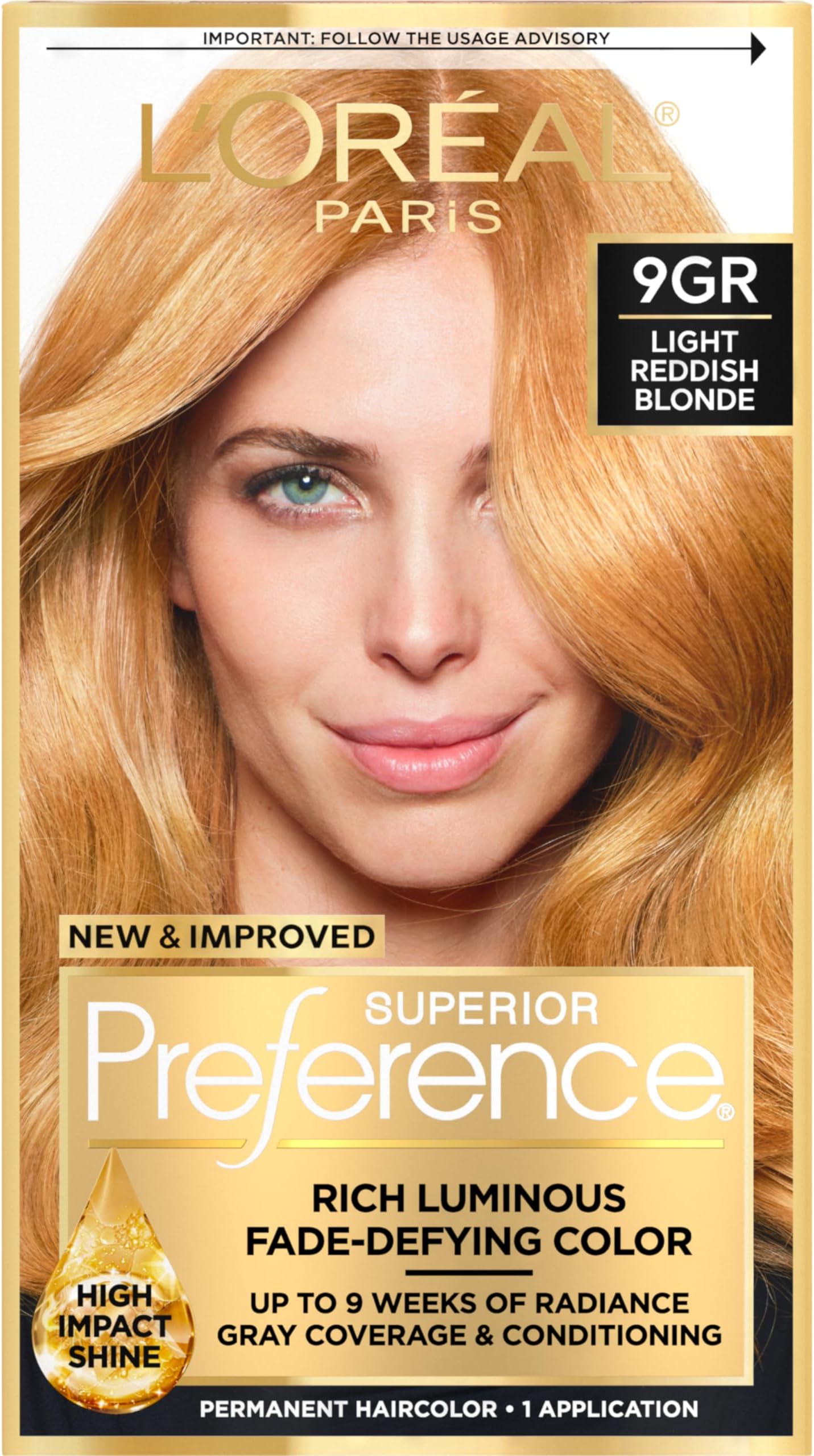 Superior Preference Luminous Fade-Defying Permanent Hair Color, Hair Dye For Up to 9 Weeks of Radiance, Golden Reddish Blonde 9GR, 1 Hair Dye Kit