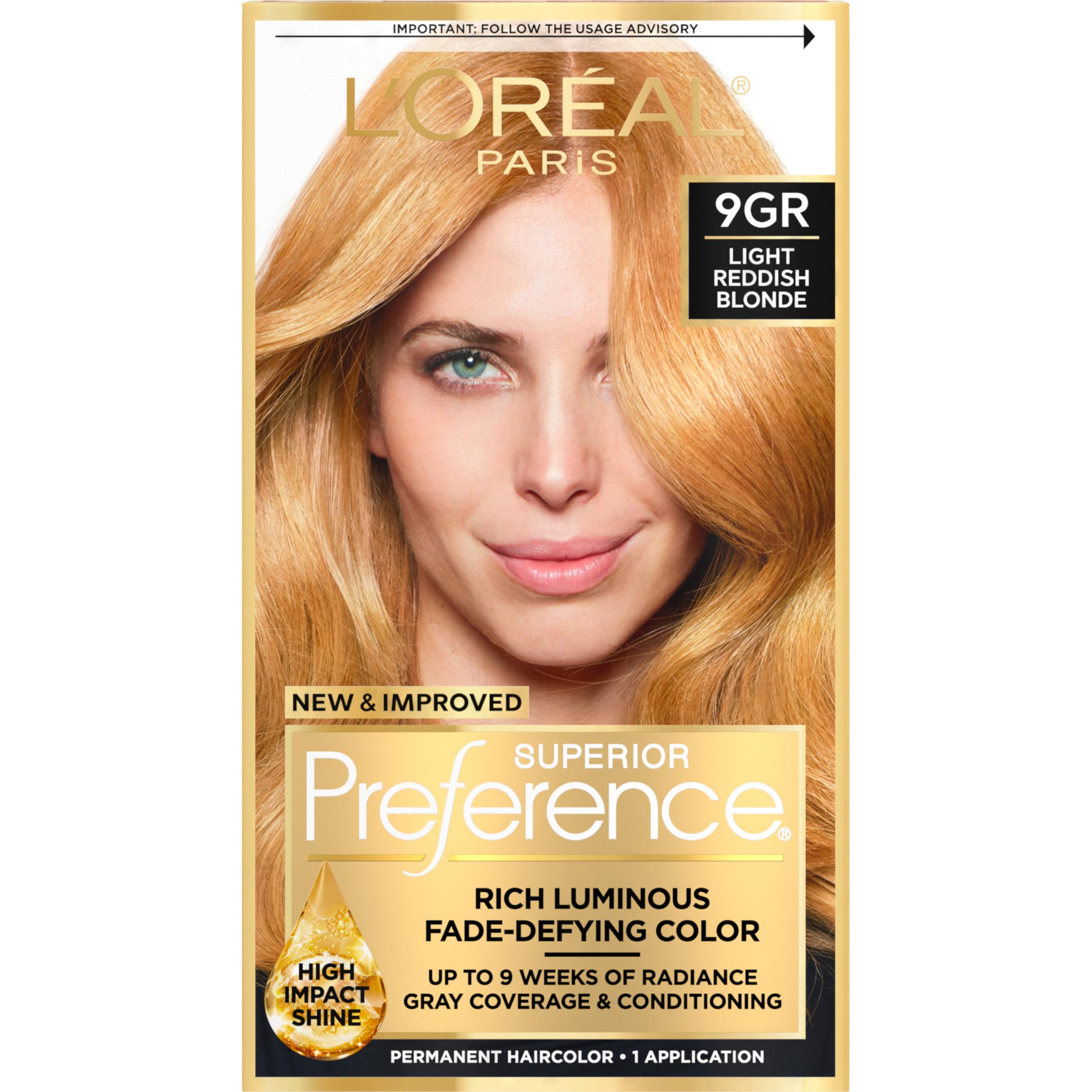 Superior Preference Luminous Fade-Defying Permanent Hair Color, Hair Dye For Up to 9 Weeks of Radiance, Golden Reddish Blonde 9GR, 1 Hair Dye Kit
