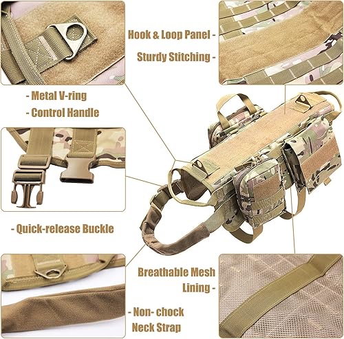 Miniatura 3 de AIWAI Arnés táctico para perro con bolsas, arnés de chaleco para perros grandes y medianos con paneles de gancho y bucle, arnés militar ajustable