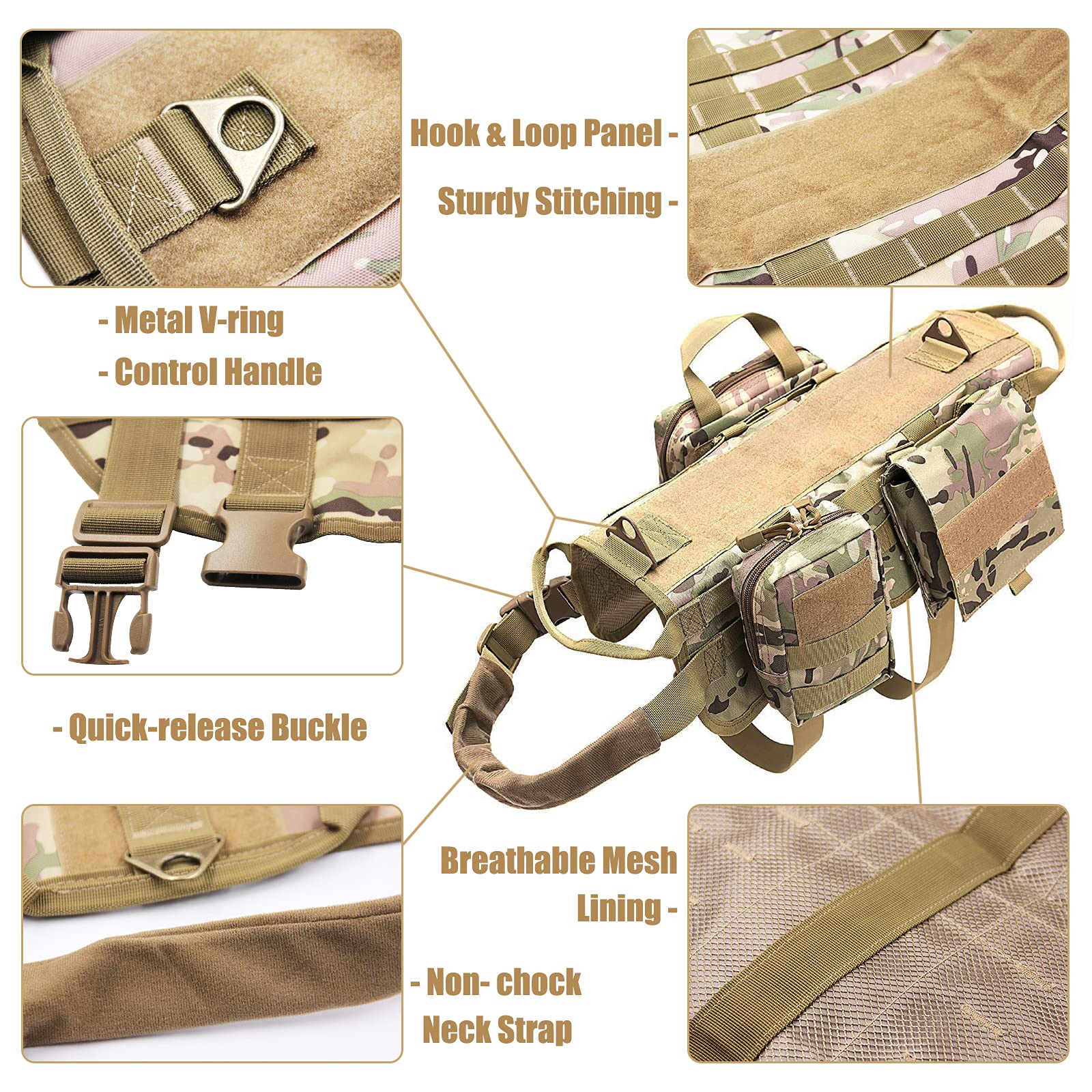 AIWAI Taktisches Hundegeschirr Molle-Weste No-Pull Sicherheitsgeschirr für mittlere und große Hunde verstellbar, Outdoor-Training Militärisches Material Geschirr mit Taschen L,Camouflage