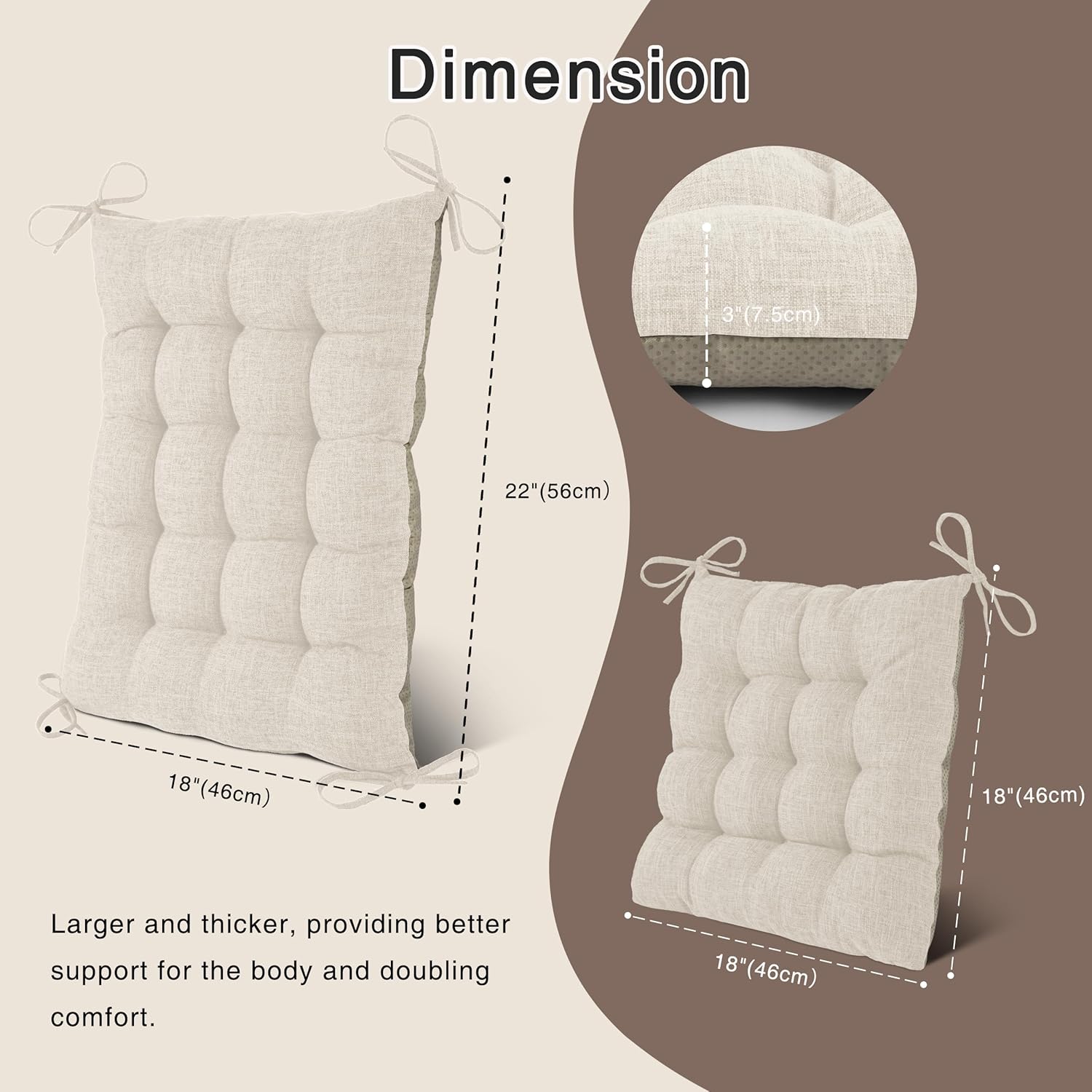 OVOV Non-Slip Rocking Chair Cushion Extra Large Chair Pads with High Back Linen Cushion for Rocking Chair Set of 2 White