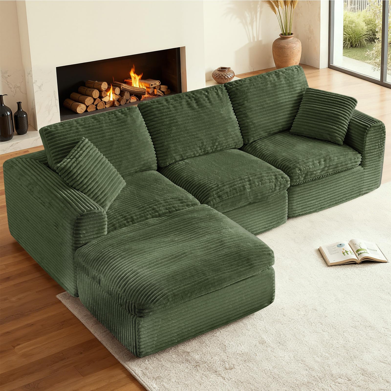 108” modular sectional sofa couches l shaped couch 3 seater cloud sofa memory foam sectional couches for living room, boneless couch with ottoman, corduroy, green