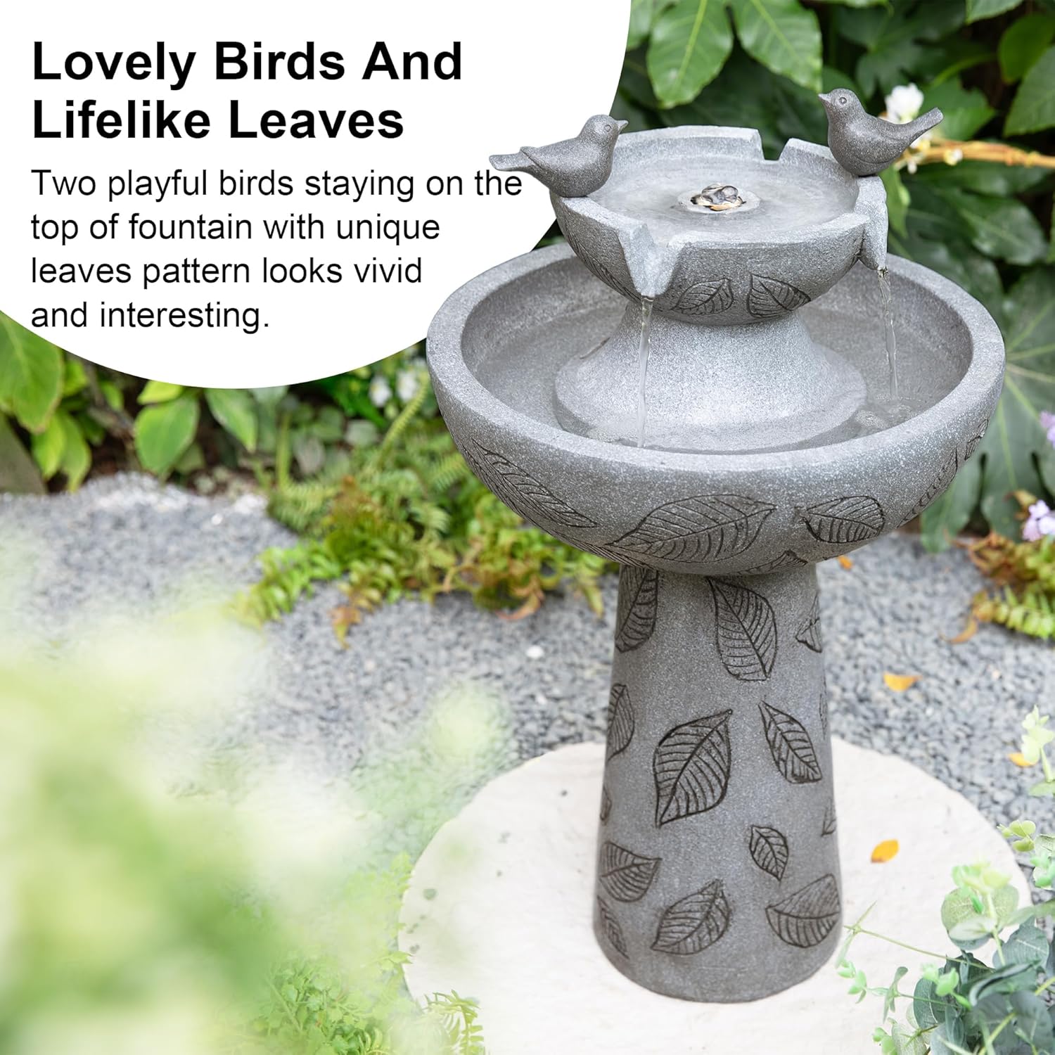 Glitzhome Water Fountain Outdoor, Outdoor Fountain with Lights & Pump, 26" H 2-Tiered Polyresin Bird Bath Fountain Waterfall Floor-Standing Water Feature for Garden, Yard, Patio, Home Decor