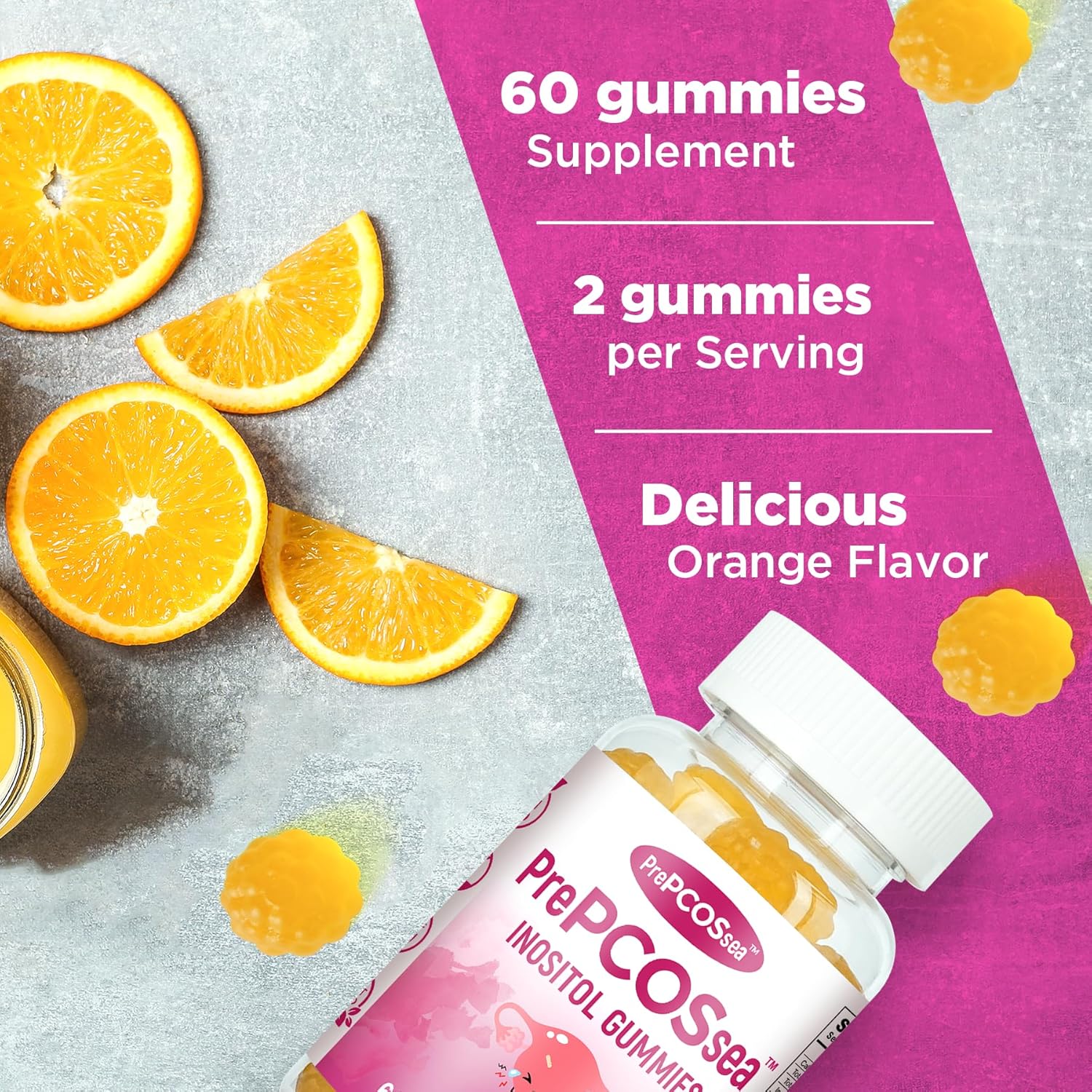 PrePCOSsea Inositol Gummies Vitamins, 2 Pack Orange Flavor Myo-Inositol Vitamin Gummies with Folate, B6, B12 & D-Biotin, 60 Count Soft Chews