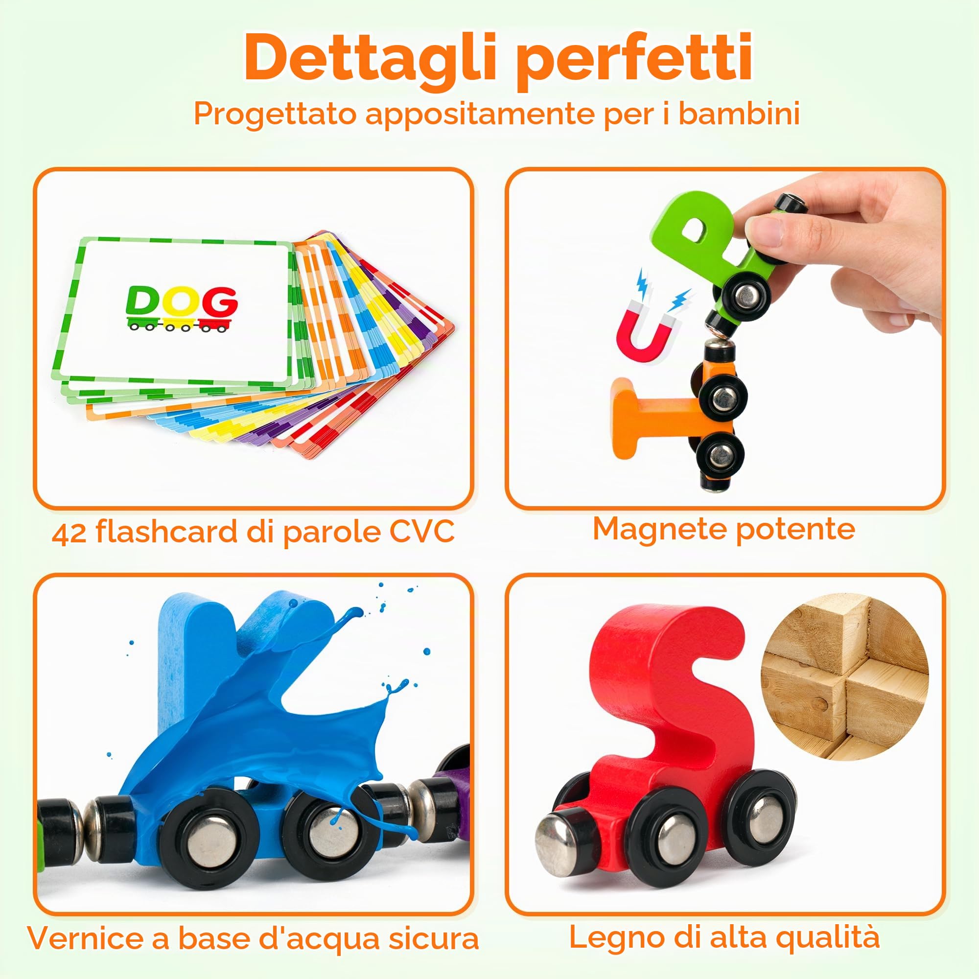 Vanmor Set di treni magnetici in legno con lettere dell'alfabeto, giocattoli Montessori per bambini di 3 anni, regali in legno per ragazzi e ragazze dai 3 anni in su
