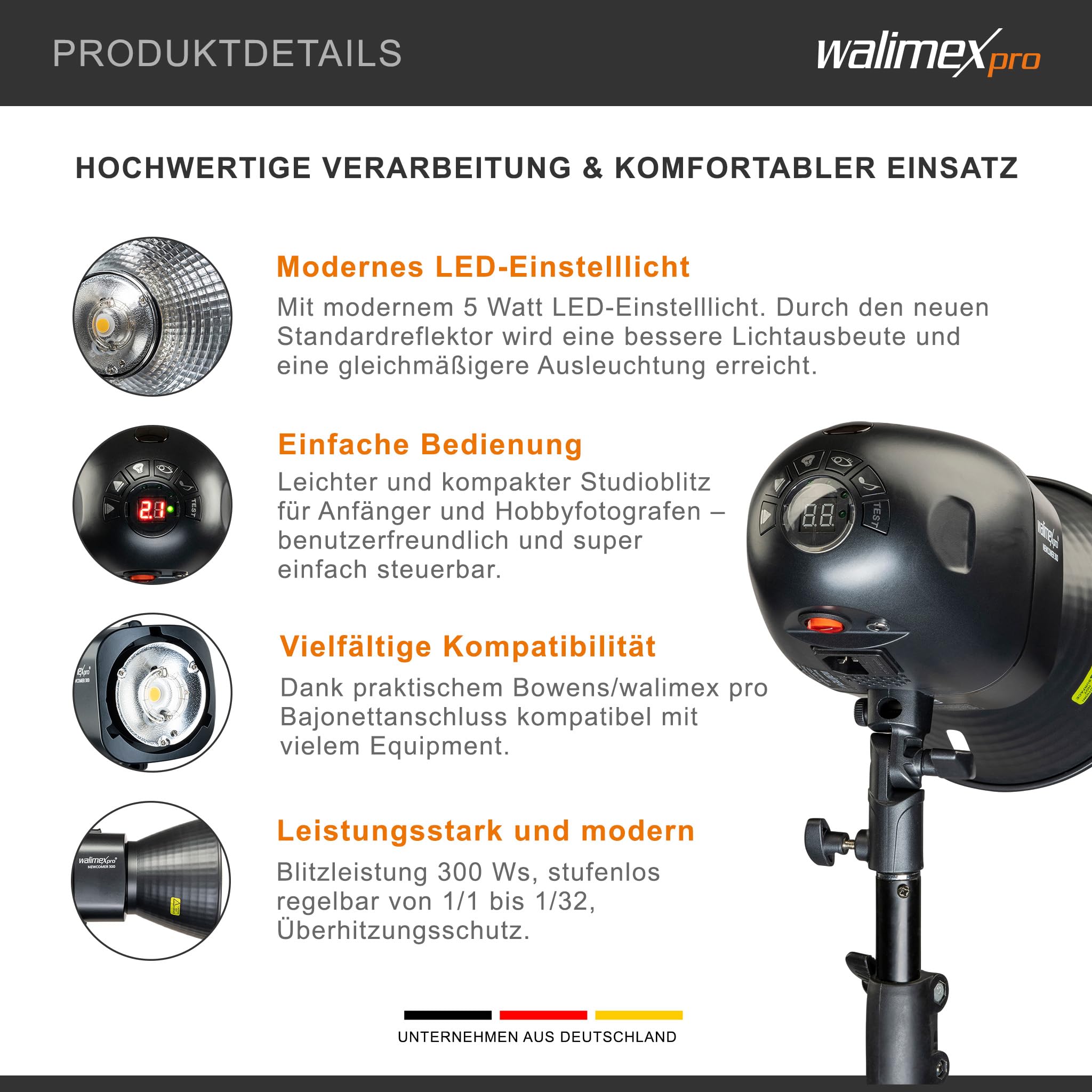 Walimex pro Newcomer 300 II Studioblitz, LED Studiolicht mit Funk, Studiolampe 300 W mit hoher Lichtleistung, Studio Blitz mit Überhitzungsschutz ideal für Fotostudio