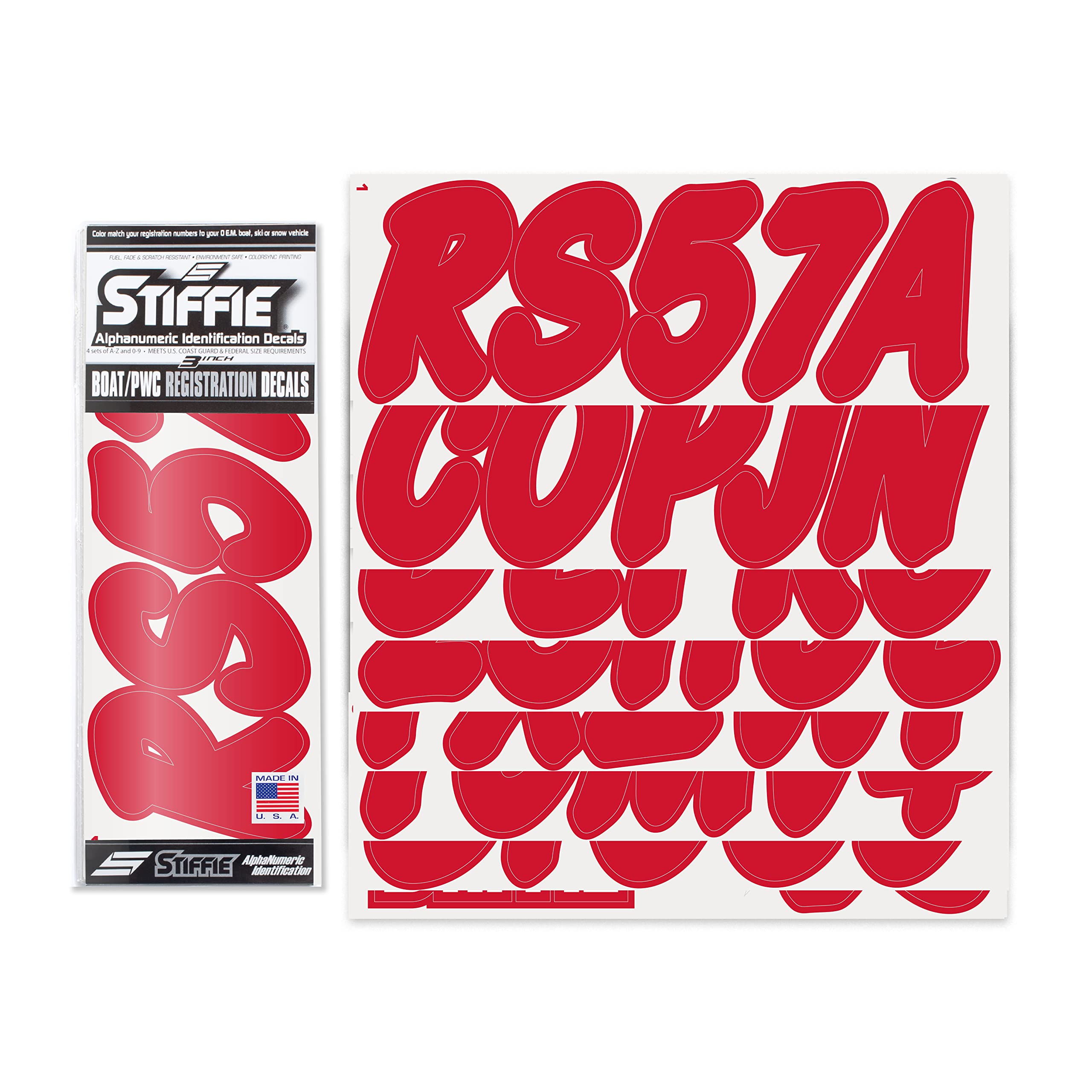STIFFIE Whip-One Red 3" Alpha-Numeric Registration Identification Numbers Stickers Decals for Boats &amp; Personal Watercraft