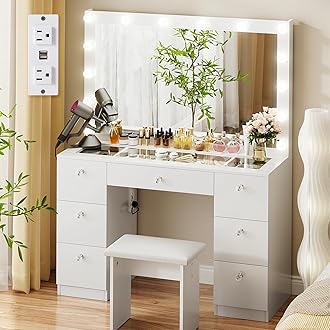 VOWNER Vanity with Lighted Mirror - Makeup Vanity Desk with Glass Top, 7 Drawers and Power Outlet, 3 Color Lighting Modes Adjustable Brightness, 44" Vanity Table with Stool for Women Girls, White