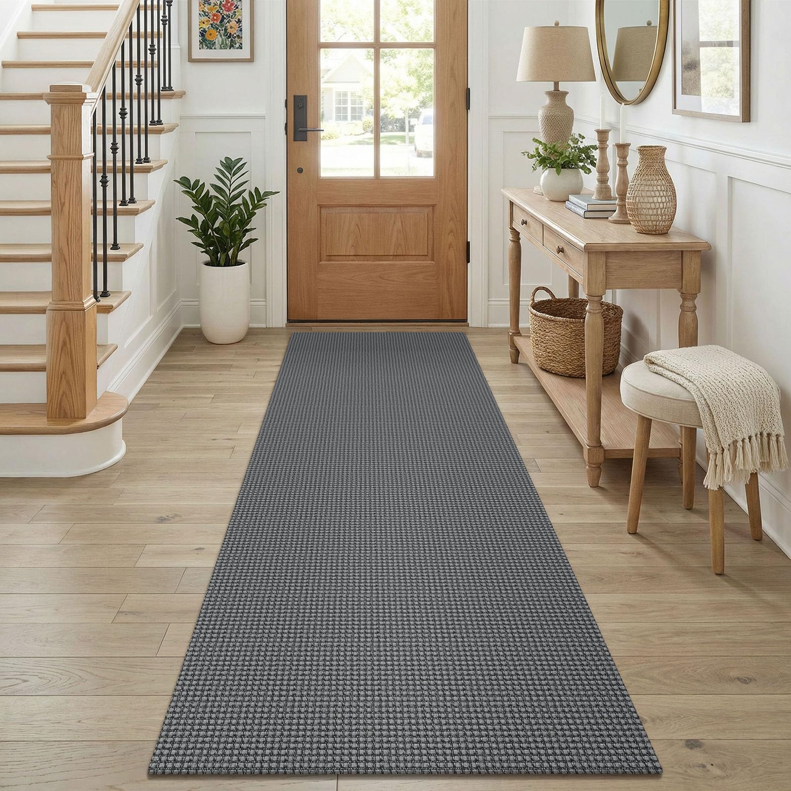 KOZYFLY Cotton Runners for Hallway 2.5'x8', Washable Runner Rug, Woven Non Slip Kitchen Runner, Braided Entryway Rug, Floor Carpet for Foyer, Bedroom, Hall, Grey/Dark Grey — image 1