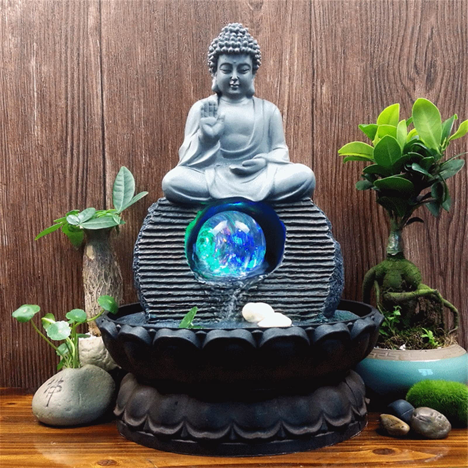 IndoorRelaxation fontanna wodospad ręcznie robiona żywica fontanna zen mnich szczęśliwa feng shui kula LED buddyjska fontanna lotosu ogród mikro krajobraz dekoracje akcesoria domowe fontanny