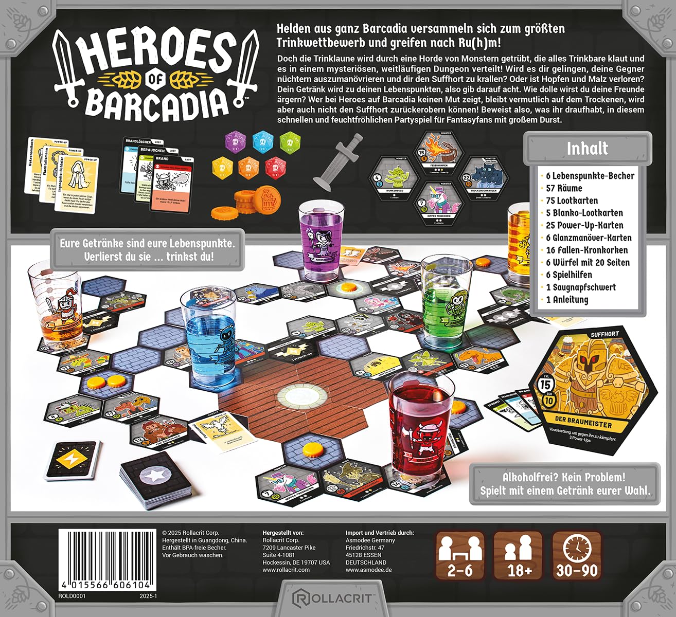 Rollacrit, Heroes of Barcadia, DE-Version, Lustiges Partyspiel für 2-6 Erwachsene ab 18 Jahren, Brettspiel mit 30-90 Spielzeit pro Partie