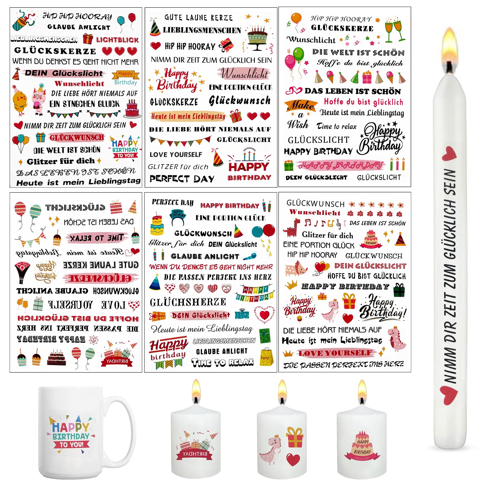 Yolistar 6pcs Kerzentattoos Eukalyptus, A5 kerzenaufkleber Wassertransferdruck, Kerzenfolie, Kerzen dekorieren, kerzenaufkleber Sticker für Happy Birthday, Hochzeit Geburtstag Party