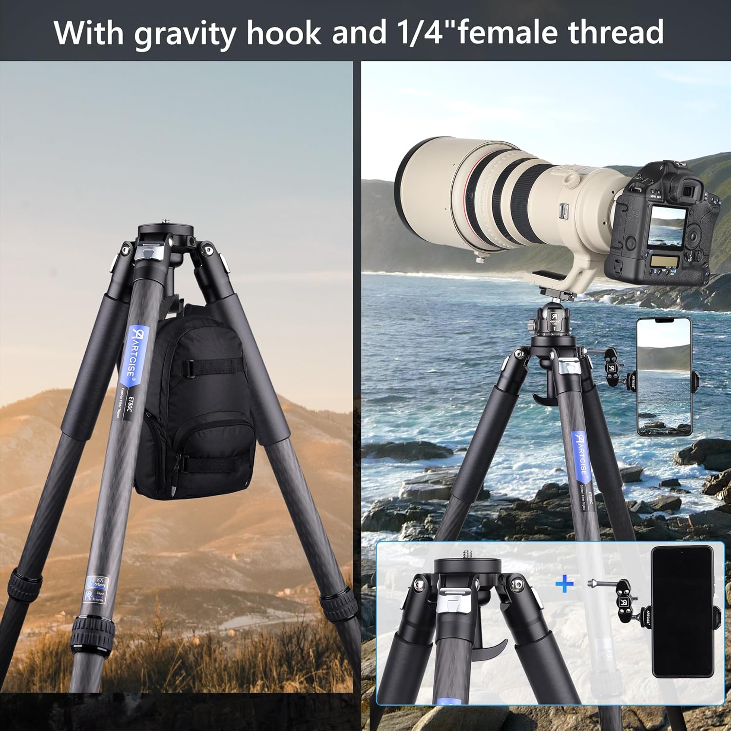 ARTCISE ET80C Carbon Fiber Tripod, 32mm Tube Heavy Duty Camera Tripod with 65mm Bowl Adapter, Max Load 44lbs/20kg, 63in Height for Telephoto Lens(Free Stone Bag+Magic Arm+Phone Clip)