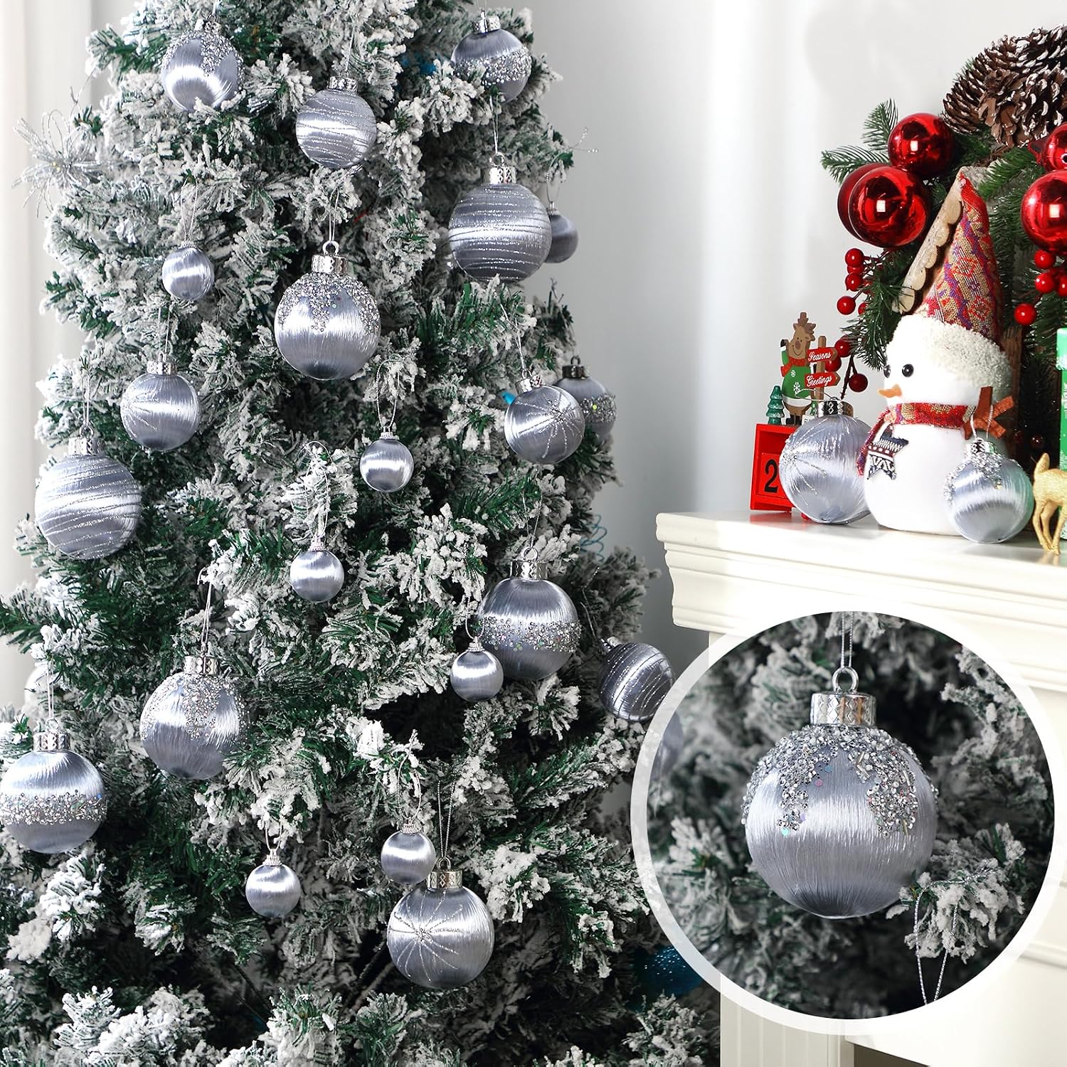 Poen 24 Pcs Christmas Balls Ornaments 3 Size Satin Silk Xmas Hanging Ball Decorations Luxury Shatterproof Christmas Tree Decor for Xmas Holiday Wedding Party Decoration(Silver)