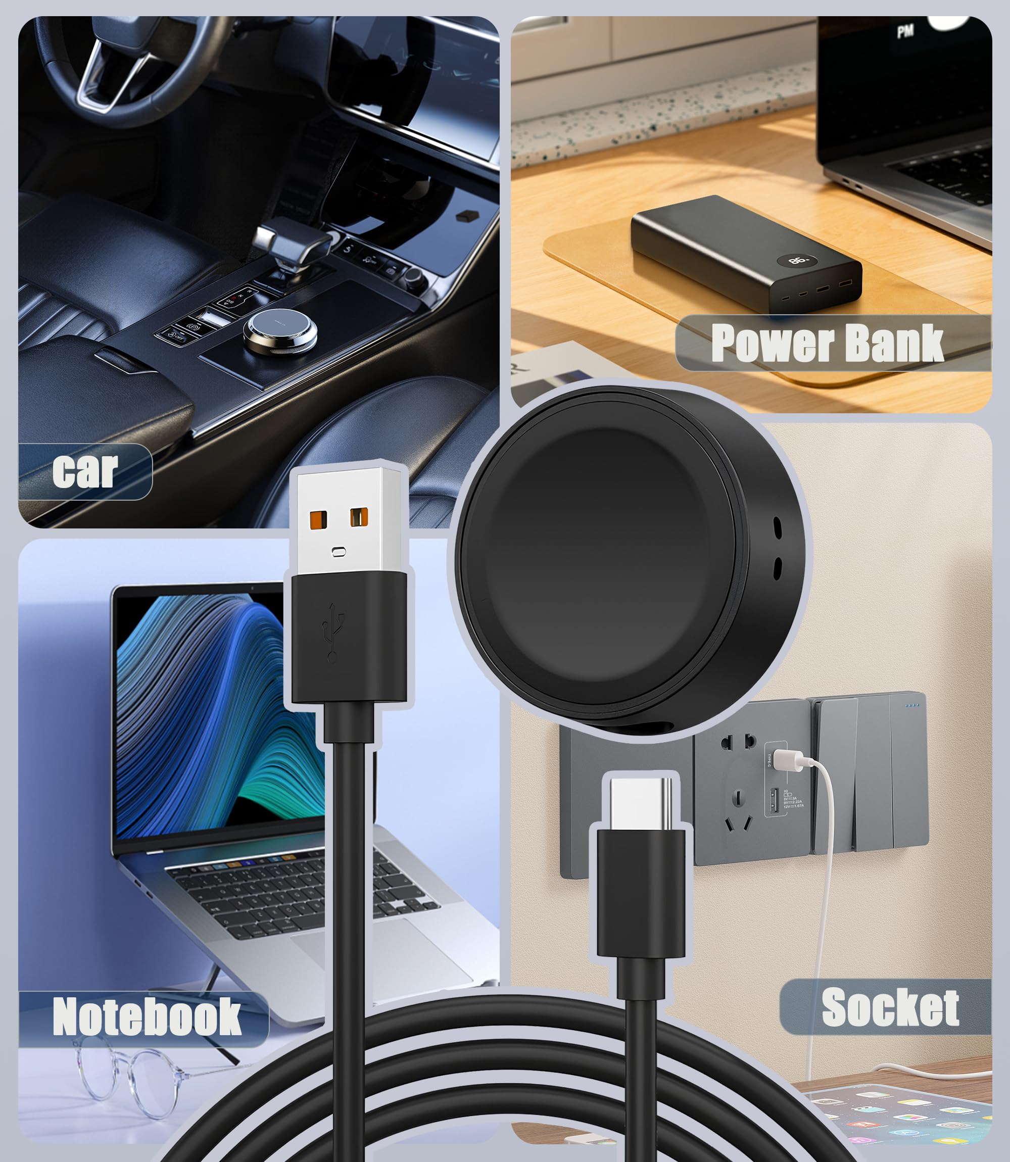 Kabel do ładowania kompatybilny z Samsung Galaxy Watch 8/8 Classic/Watch 7/Ultra/6/6 Classic/5/5 Pro/4/4 Classic/3/Active/Active 2, magnetyczna stacja ładująca, ładowarka z adapterem USB A na