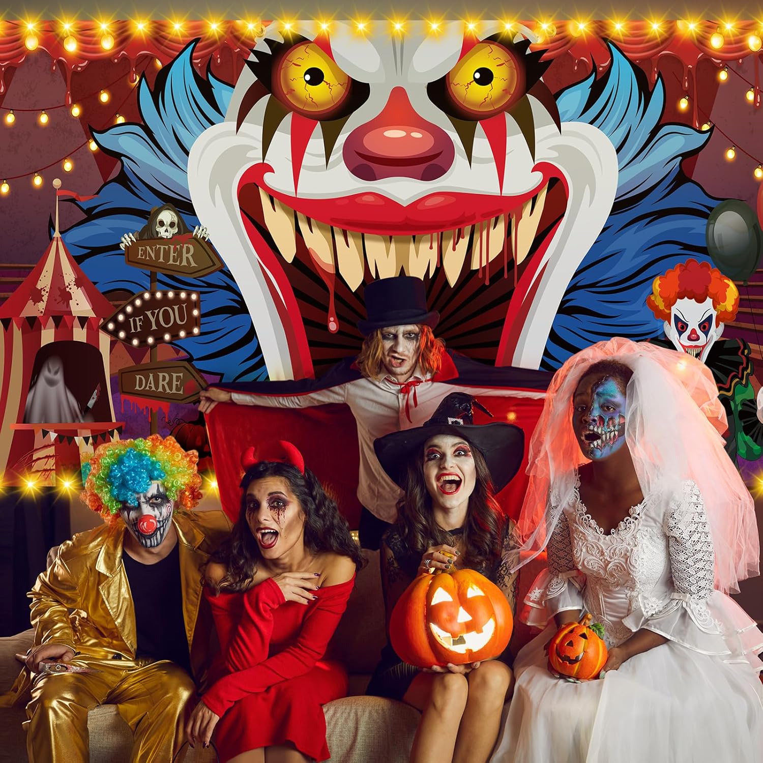 Ganeen Halloween Garage Door Cover 7 x 16 ft Evil Clown Halloween Party Decorations Horror Garage Door Banner with LED String Light Scary Holiday Backdrops, Assembly Needed