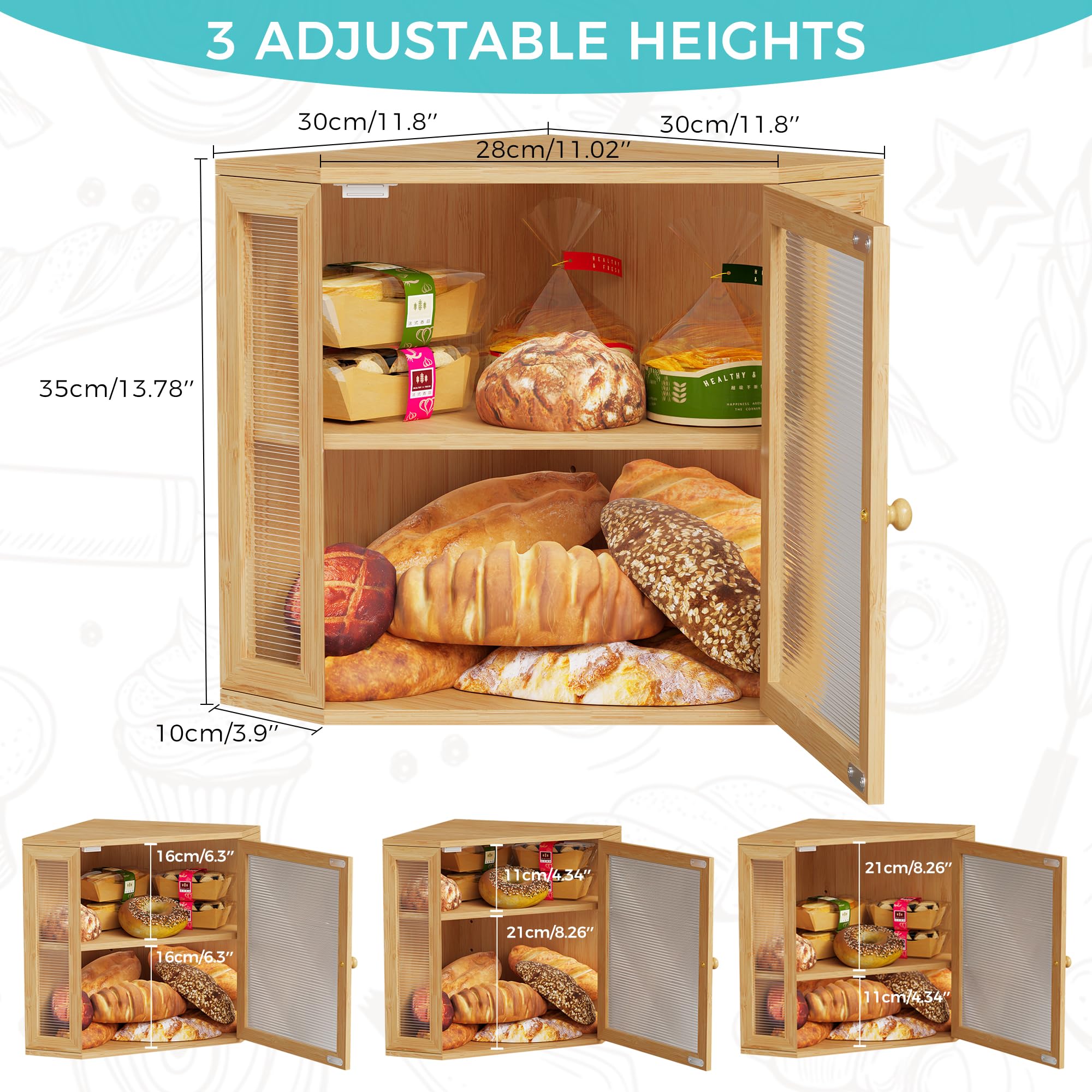 BEWISHOME Caja Para Guardar Pan de Bambú de 2 Pisos | Panera con Puerta Acrílica Ondulada Bread Bin 30 x 30 x 35 cm