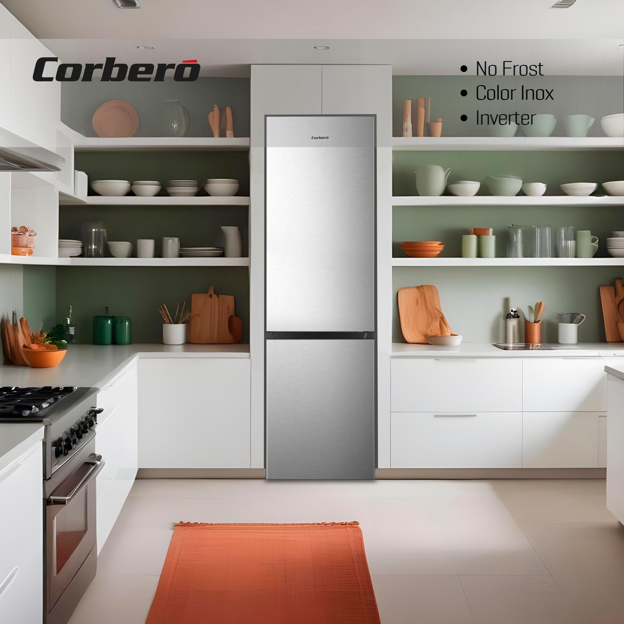 Corberó - Frigorífico Combi | CCM200834NFX | 336L | 57,9x59,5x202 | No Frost | Inverter | Luz LED | Fresh Box | Crisper | Balcones Ajustables | Estantes de Cristal | Huevera | 35 Db | Inox