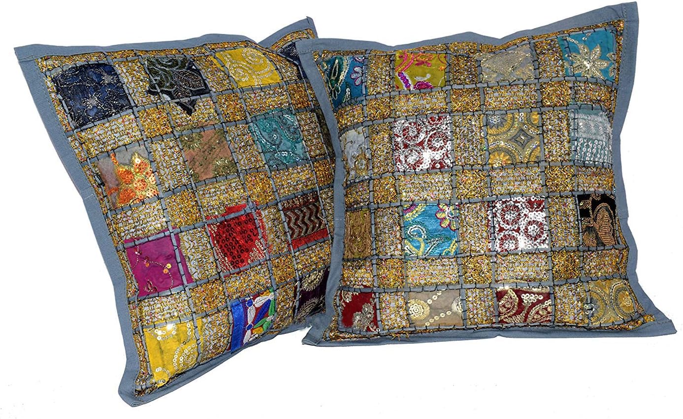 Crafting Bear 2 Embroidery Sequin Cushion Covers 16x16 inches Indian Boho Hippie Patchwork Throw Pillow Cushion Cover Decorative Bohemian Pillows Polyester Hand Embroidered Pillow Cases (Gray)