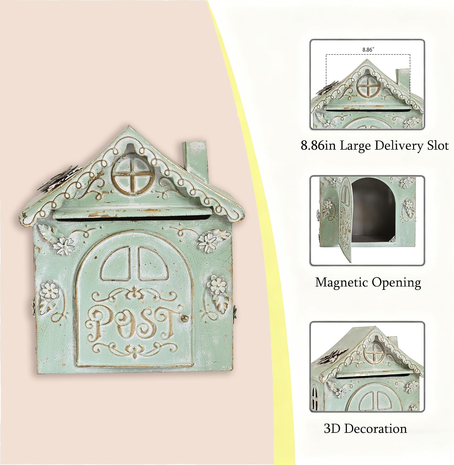 Vintage Wall Mount Mailbox for Outdoor Rustic Fairy-Tale Style Mail Box Metal Wall Hanging Post Box with 3D Floral Design for Home Garden Mantel Wall Decor & Letter Storage (Green#2)