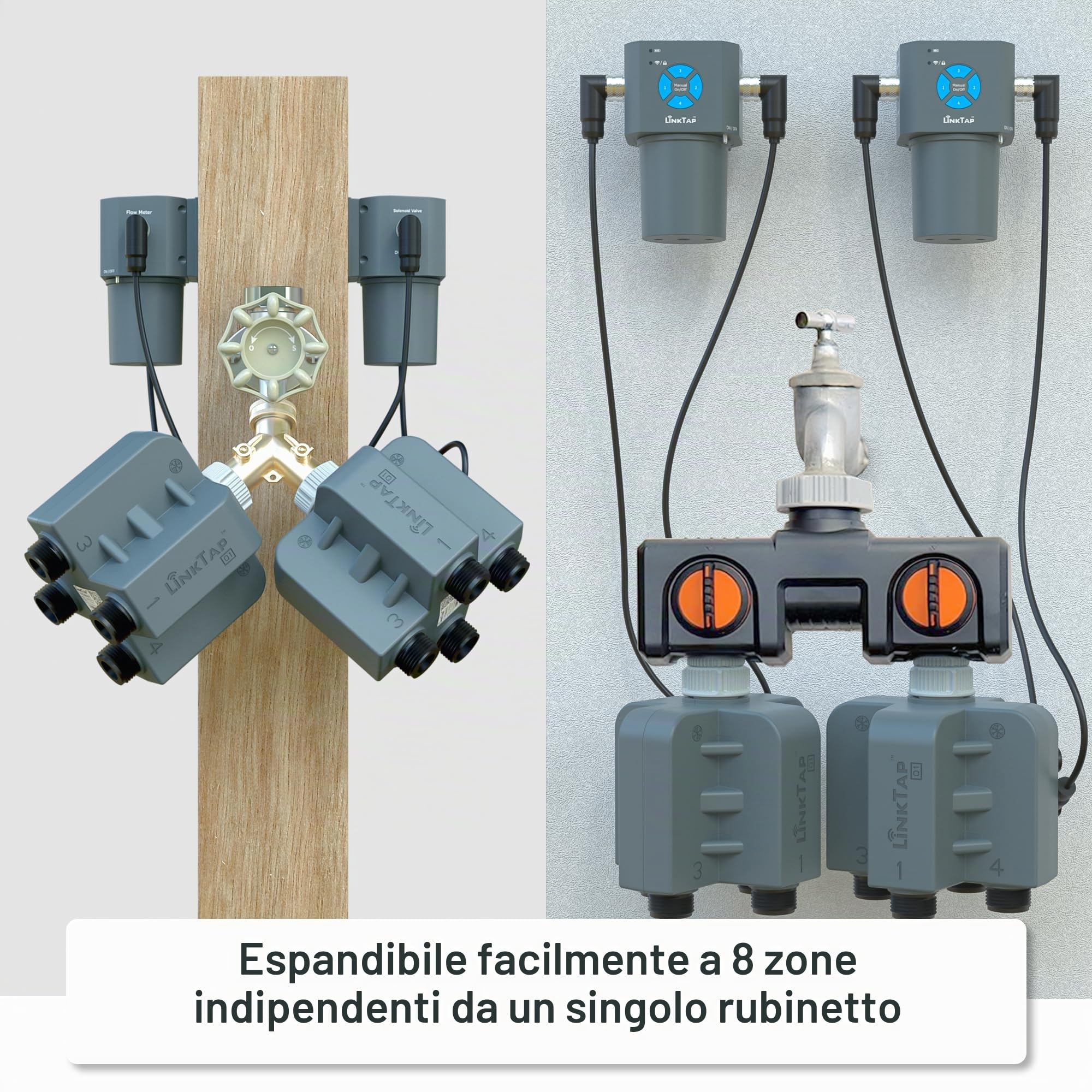 LinkTap Q1 Timer Irrigazione 4 Vie (Richiede Gateway), Protezione Antigelo | Programmatore 4 Zone Indipendenti per Giardino, Prato e Orto, 4 Contalitri, Alimentazione Flex, Rete Mesh, Superiore al Wi-Fi