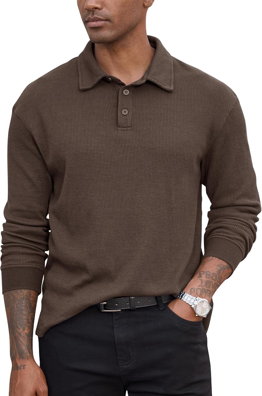 Men's Waffle Polo Stretch Textured Casual Loose fit Soft Collared Pullover (S-2XL)