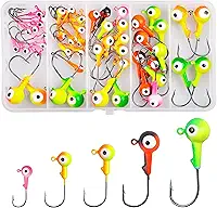 Kit de ganchos de cabeça de pesca com 50 peças de iscas de pesca de bola redonda com cabeça de gabarito de pesca pintada, anzóis para trutas robalo, truta, água salgada, água doce, iscas variadas 3/8